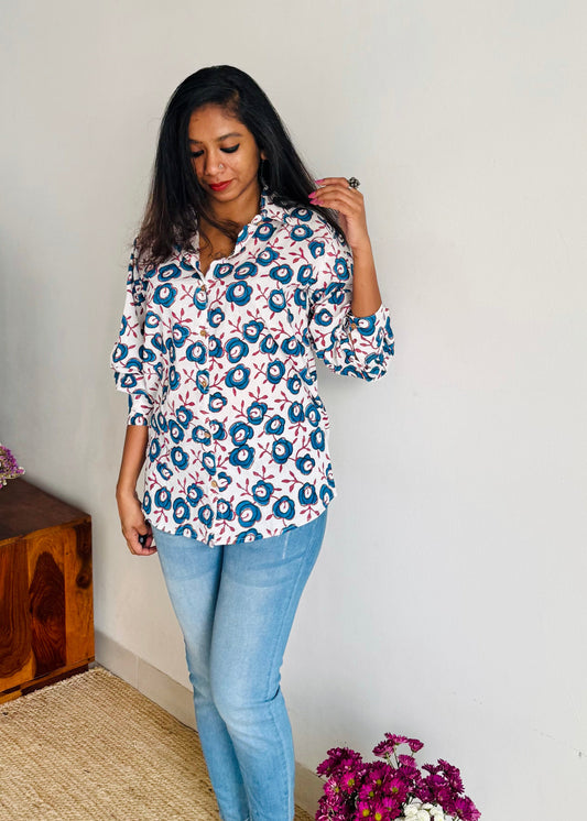 Ink Petals - blockprinted cotton stitched shirt, collared neck, full sleeves - YCSEBPSJA204