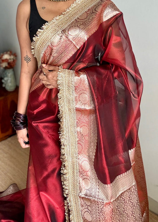 Red tissue Banarasi saree with embellished gold lace border - YCBLTOC79