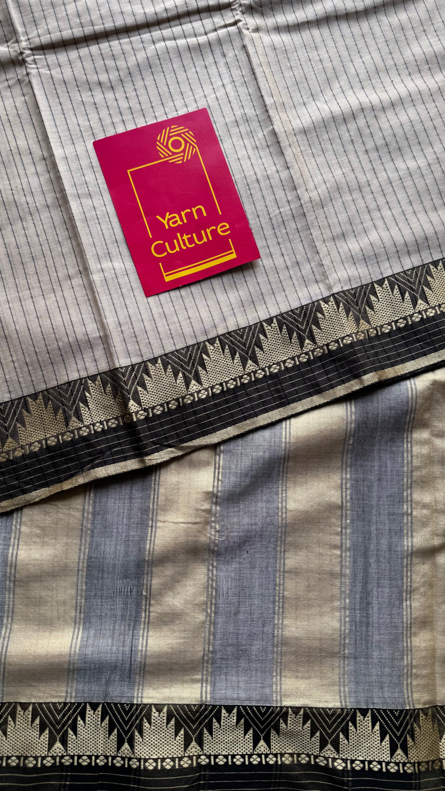 Cream striped premium narayanpet soft cotton, with temple motif and checkered border - YCWOTDNPNO83