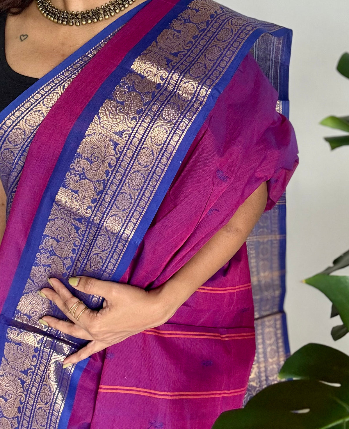Purple pink with royal blue zari border chettinad cotton saree - YCCOTNCKSE15