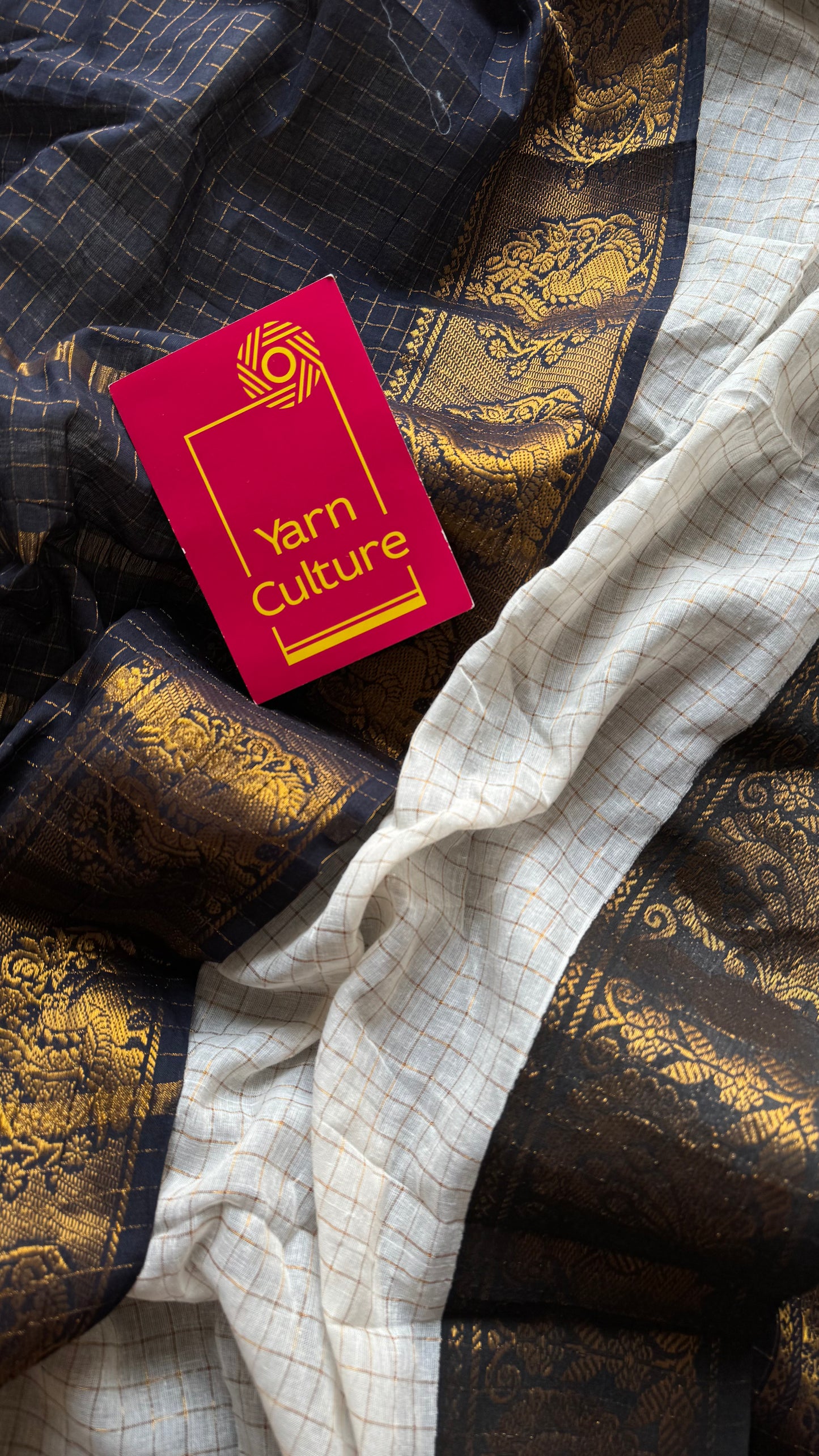 Black with ivory and red, sungudi cotton half-half saree - YCCOTNMSFE374