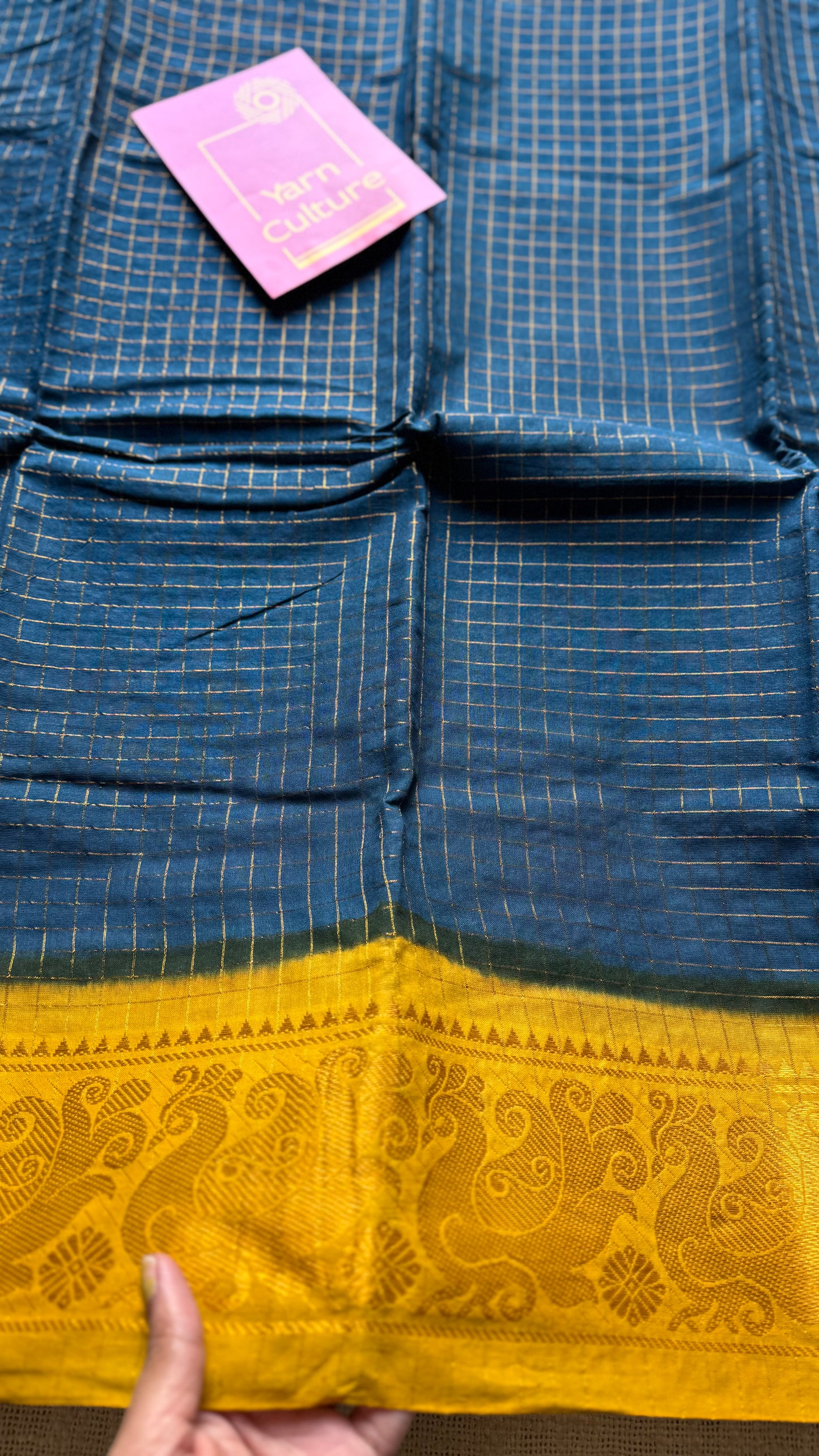 Dark teal with turmeric yellow, checkered with zari border, sungudi cotton - YCCOTNSUDE48