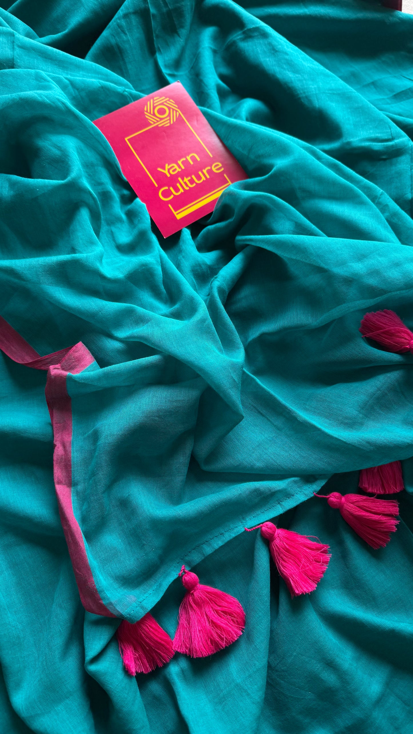 Dark cyan with ruby red border mul cotton saree - YCBCMCFE223