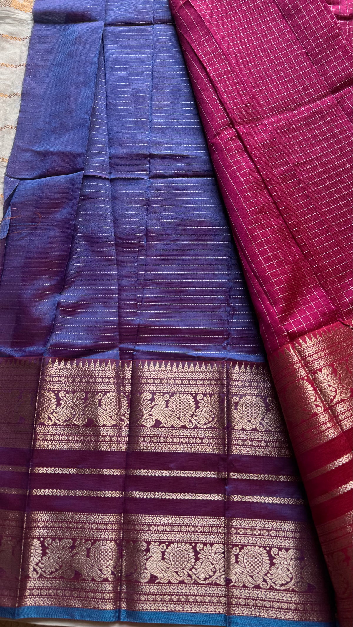 Dark berry pink with blue silver zari checks, silver and gold peacock woven zari border, mangalgiri silk cotton, handwoven, soft, light weight - YCWOTDMSCOC124