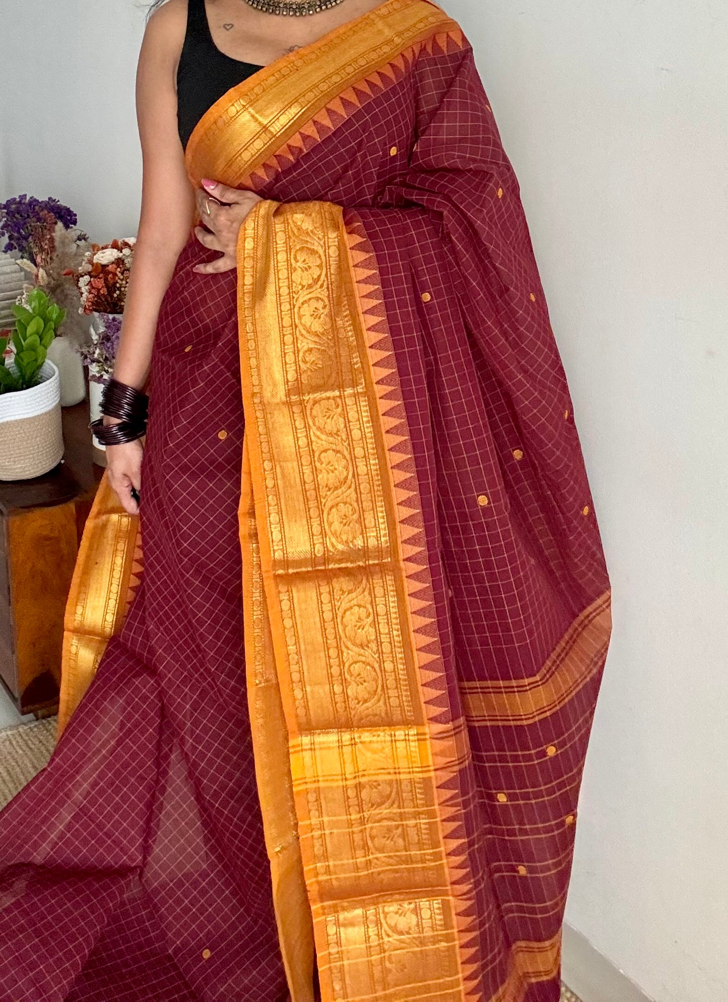 Kanchi cotton saree, maroon checks with yellow temple motif border - YCCOTNAP79