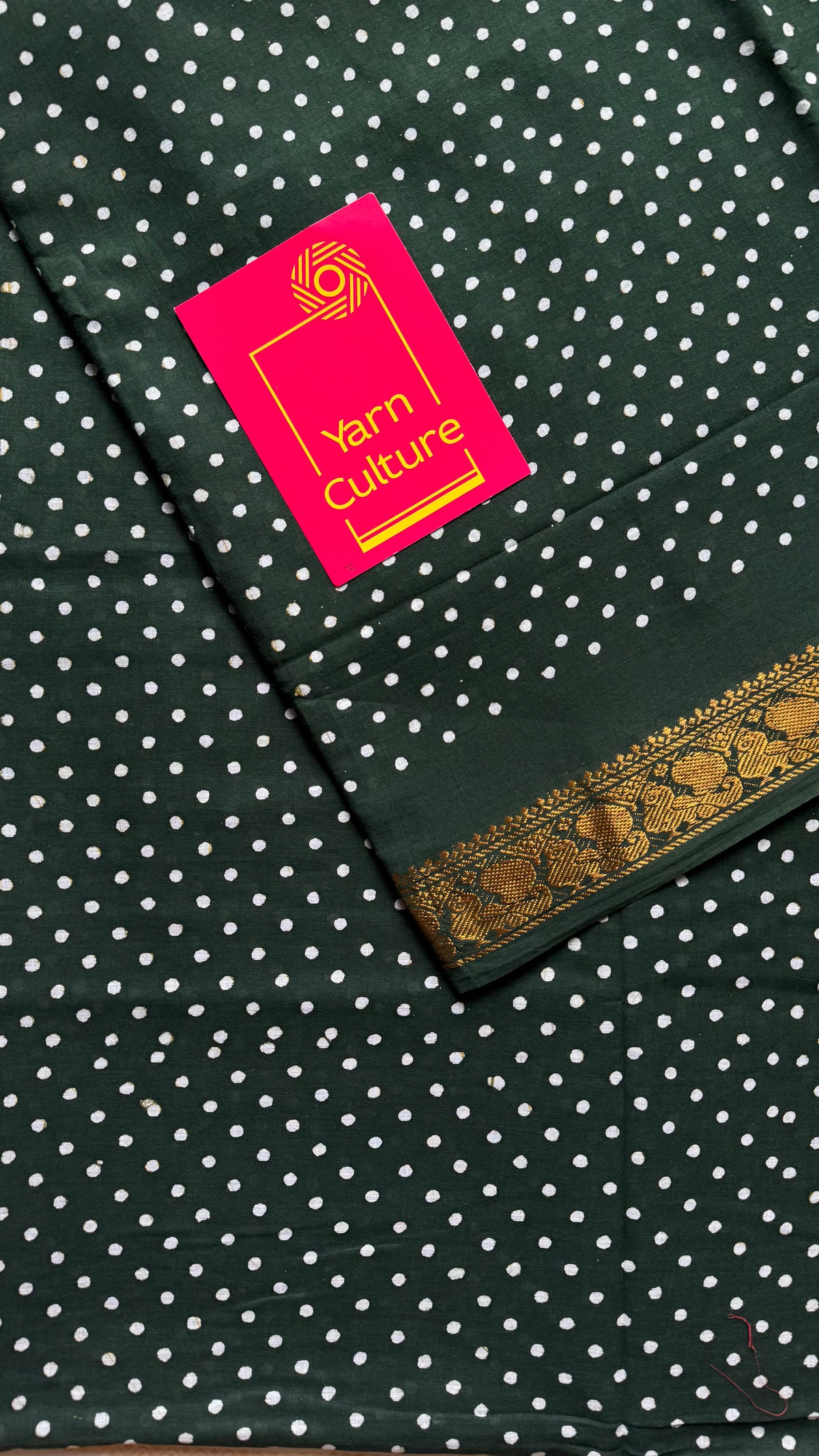 Dark green sungudi dotted, single-side border, kattuchayam dyed madurai cotton saree - YCCOTNMSSE04