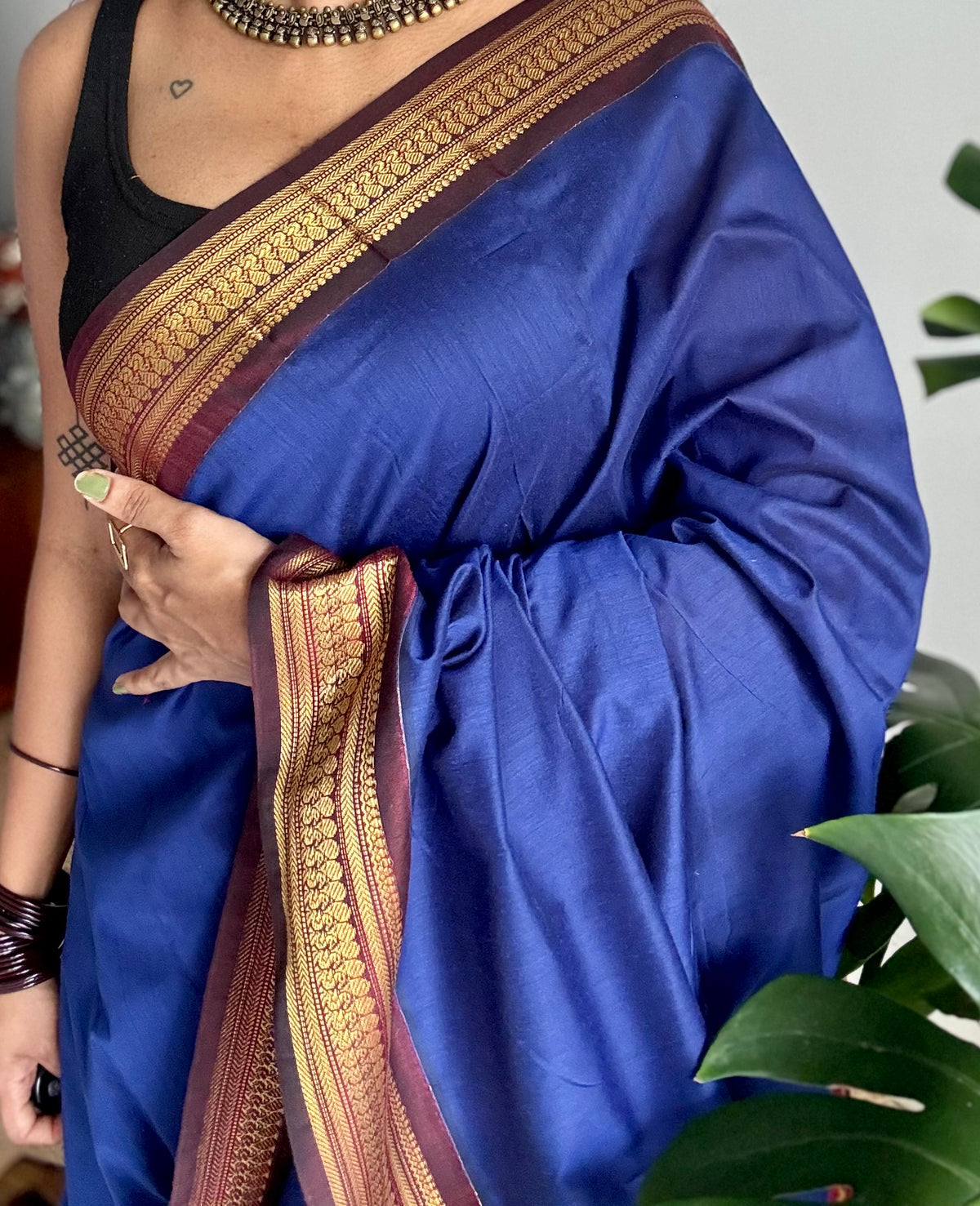 Royal blue with brown, cotton silk saree with zari border - YCCOTNKCOC106