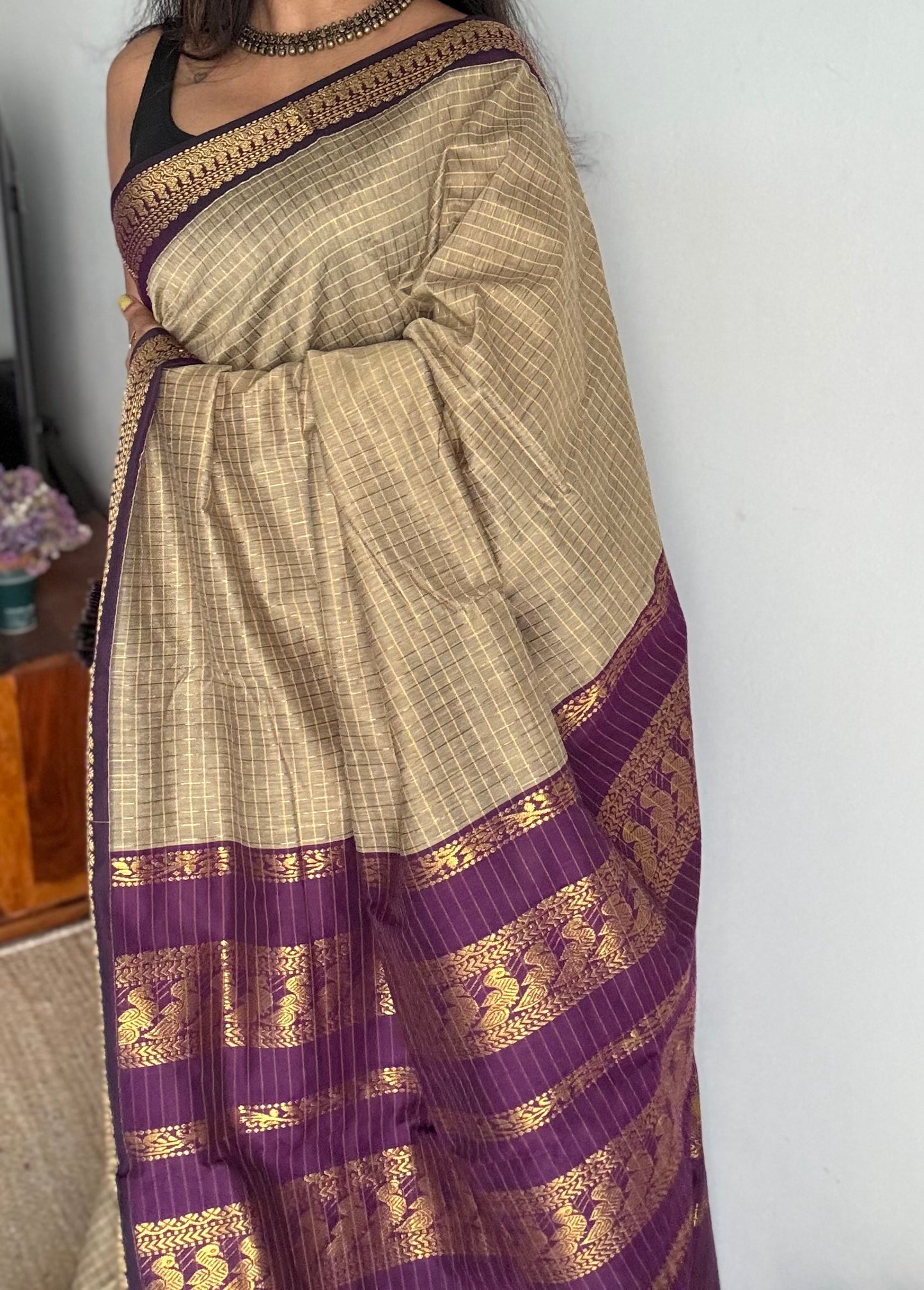 Grey with wine, checkered saree, cotton silk - YCCOTNKCFE64