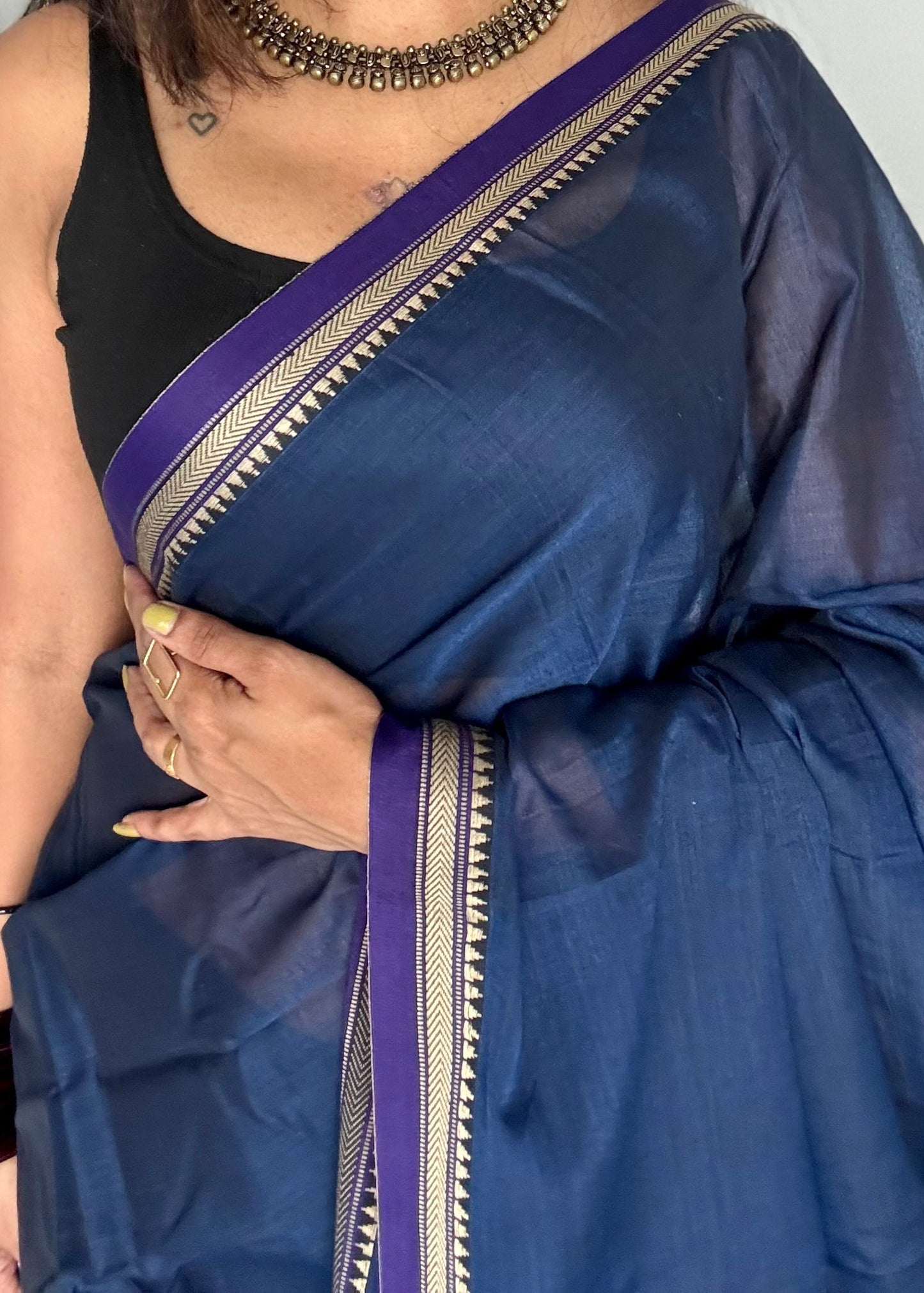 Navy blue with purple border narayanpet saree, soft cotton - YCWOTDNPFE35