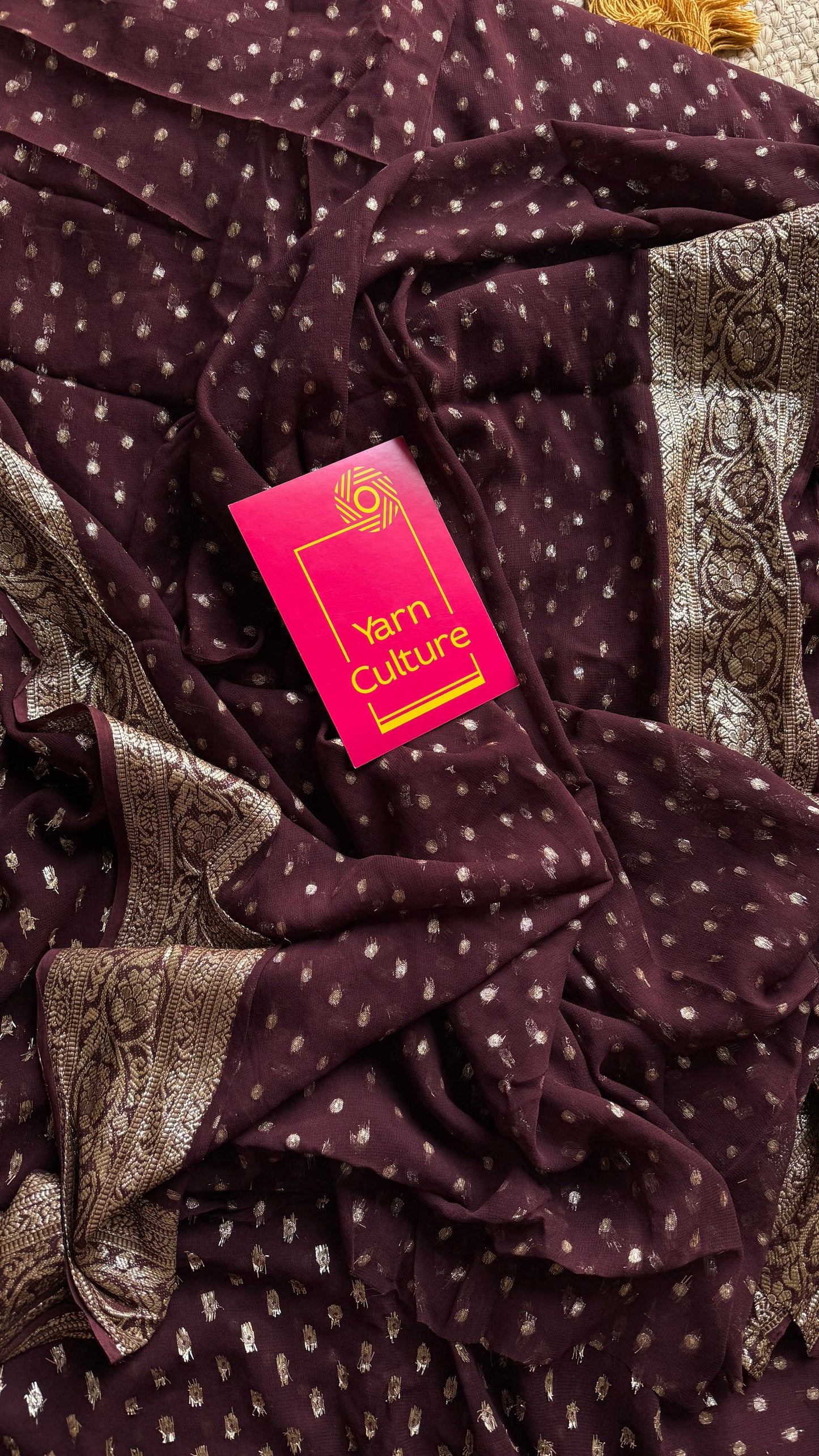 Brown viscose georgette saree with zari motifs - YCDOSFE207