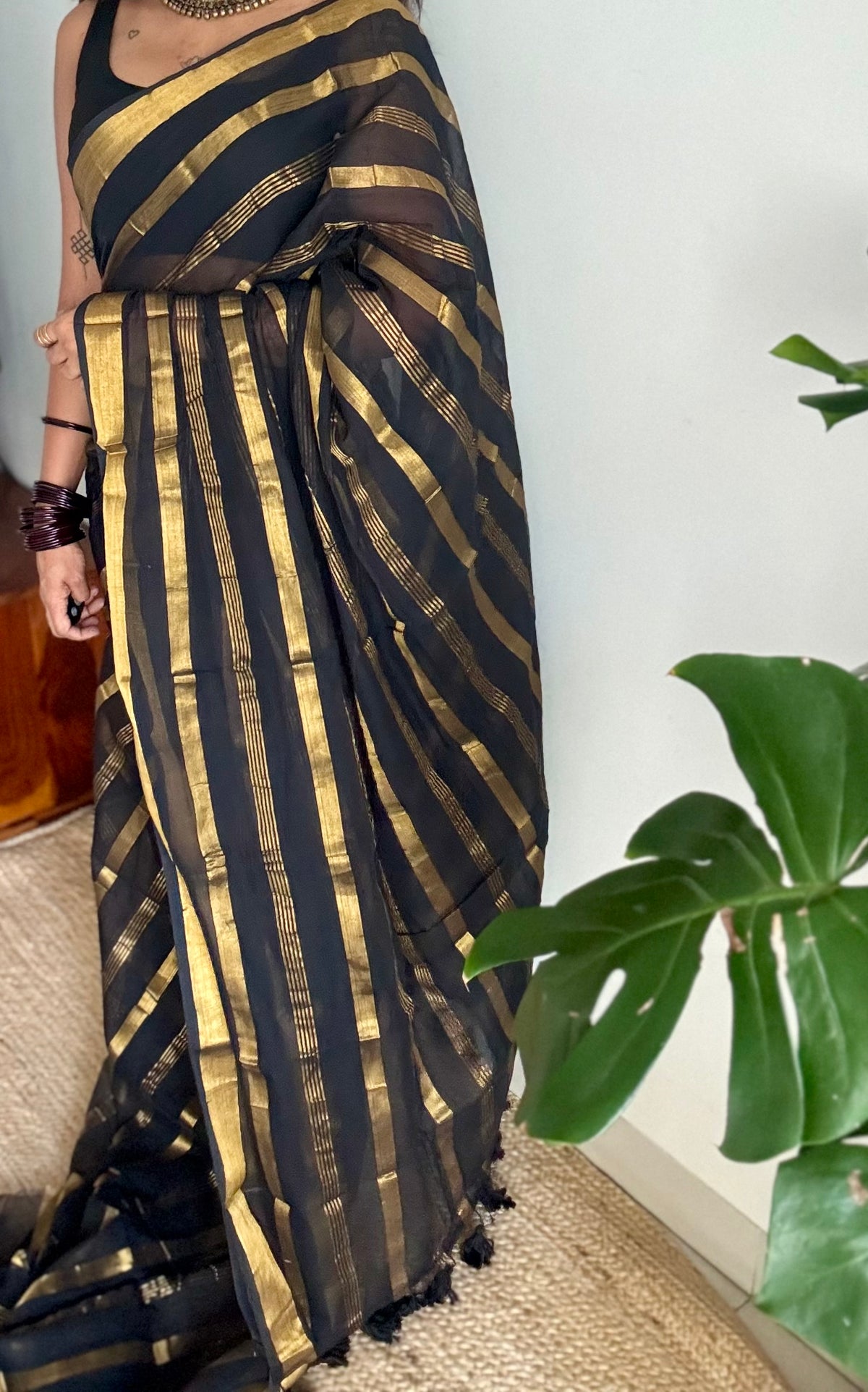 Black mul cotton saree with zari stripes - YCBCMCSE26