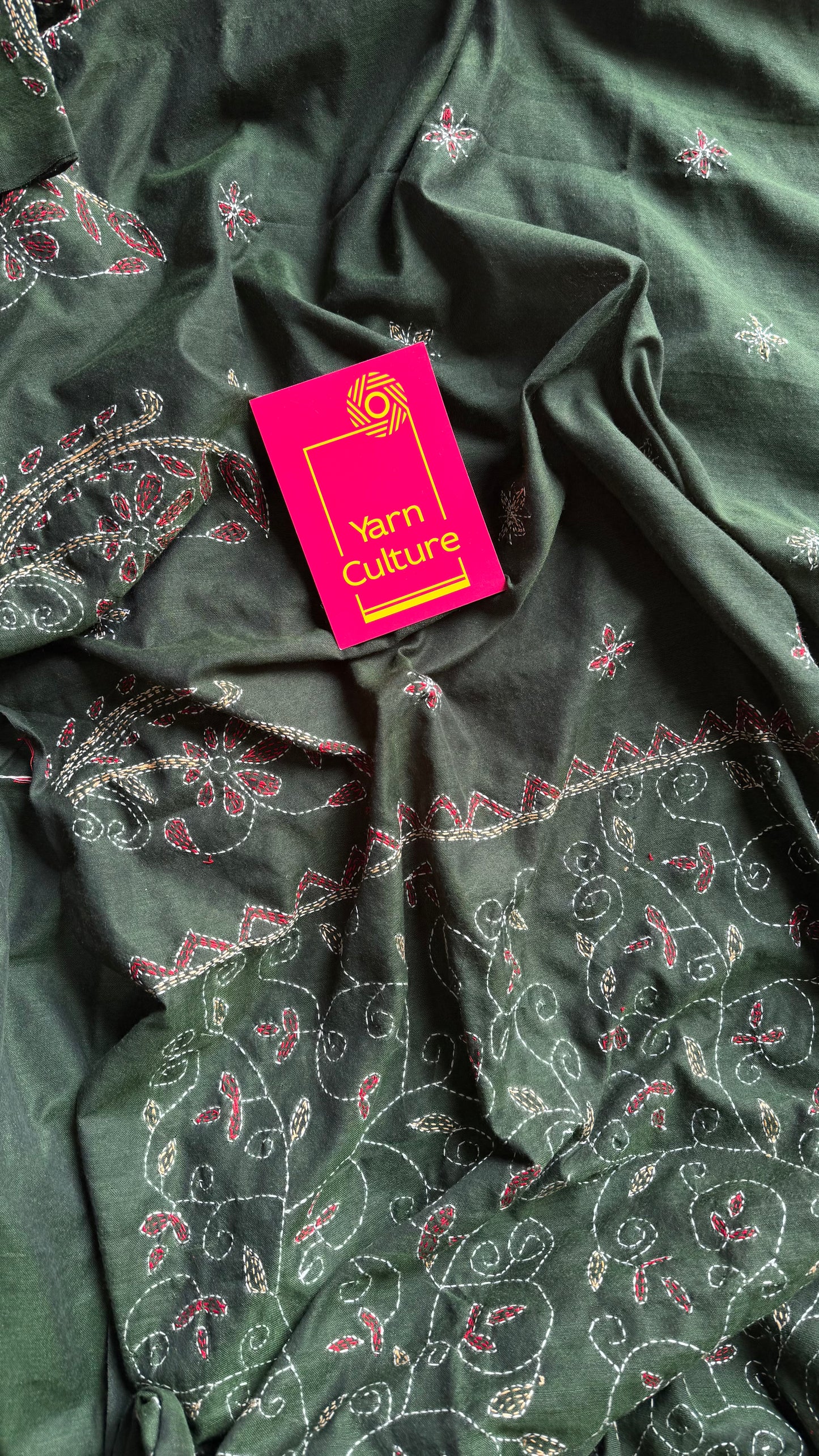 Embroidered green kantha weave in soft cotton - YCBCKKJA145