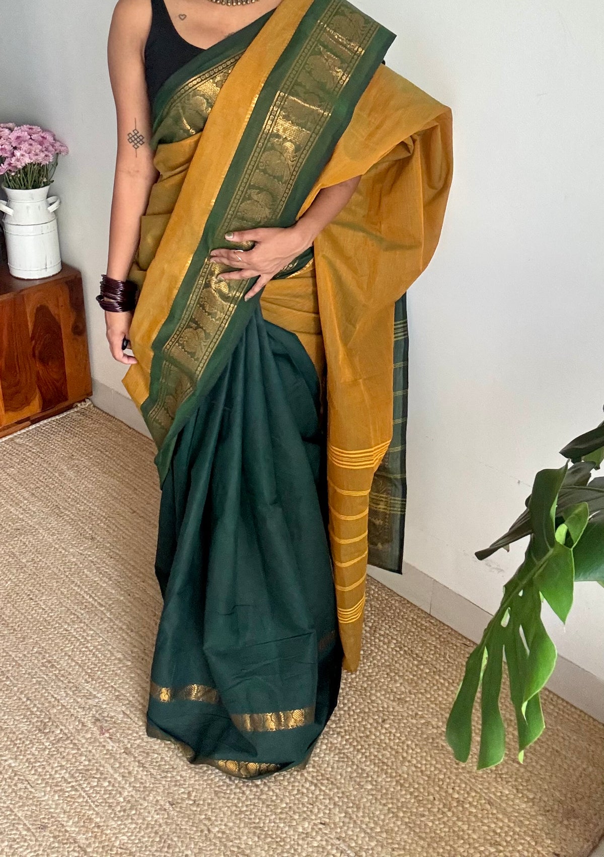 Ginger green with dark green, sungudi and chettinad cotton half and half saree - YCCOTNIDOC134