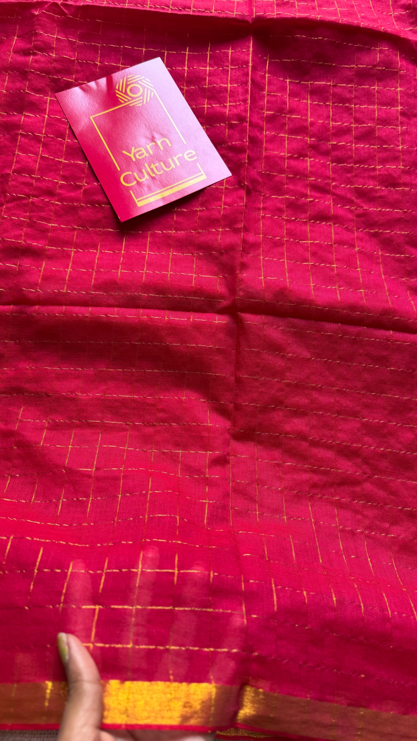 Hot pink mul with gold checks and zari border - YCBCMCJA05