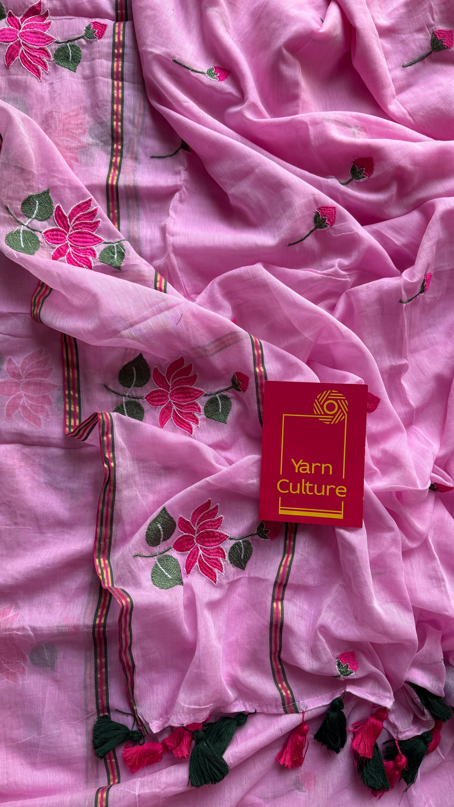 Pink mul with pink lotus embroidery and coloured zari - YCBCMCNO64