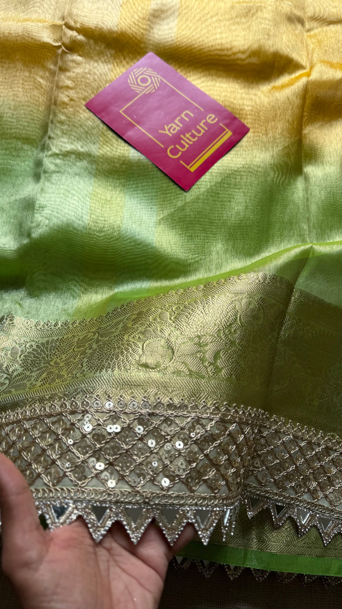 Pastel pink, green and yellow tissue Banarasi saree with embellished mirror border - YCBLTOC73