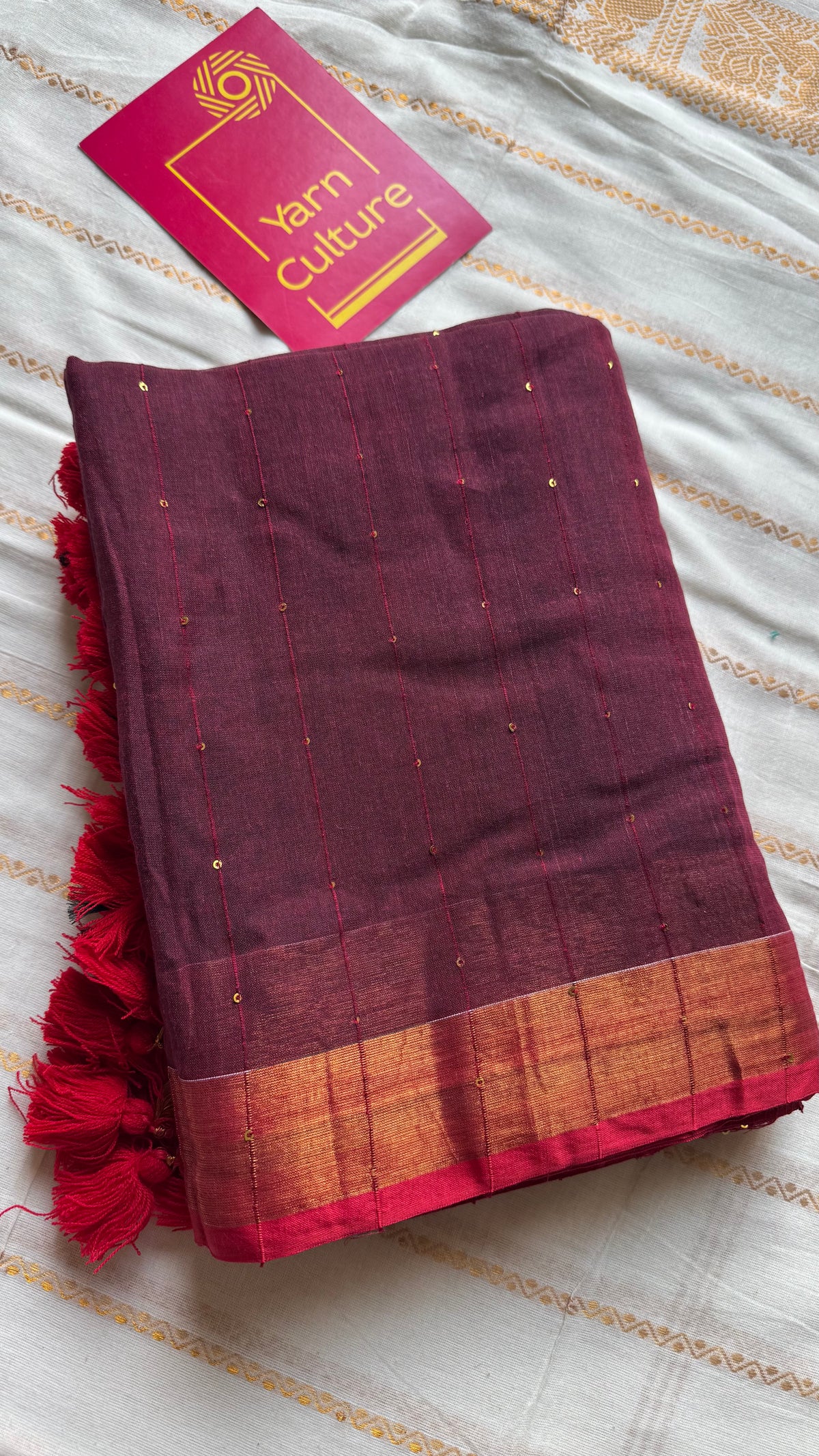 Maroon mul cotton saree with sequins and zari border - YCBCMCSE30