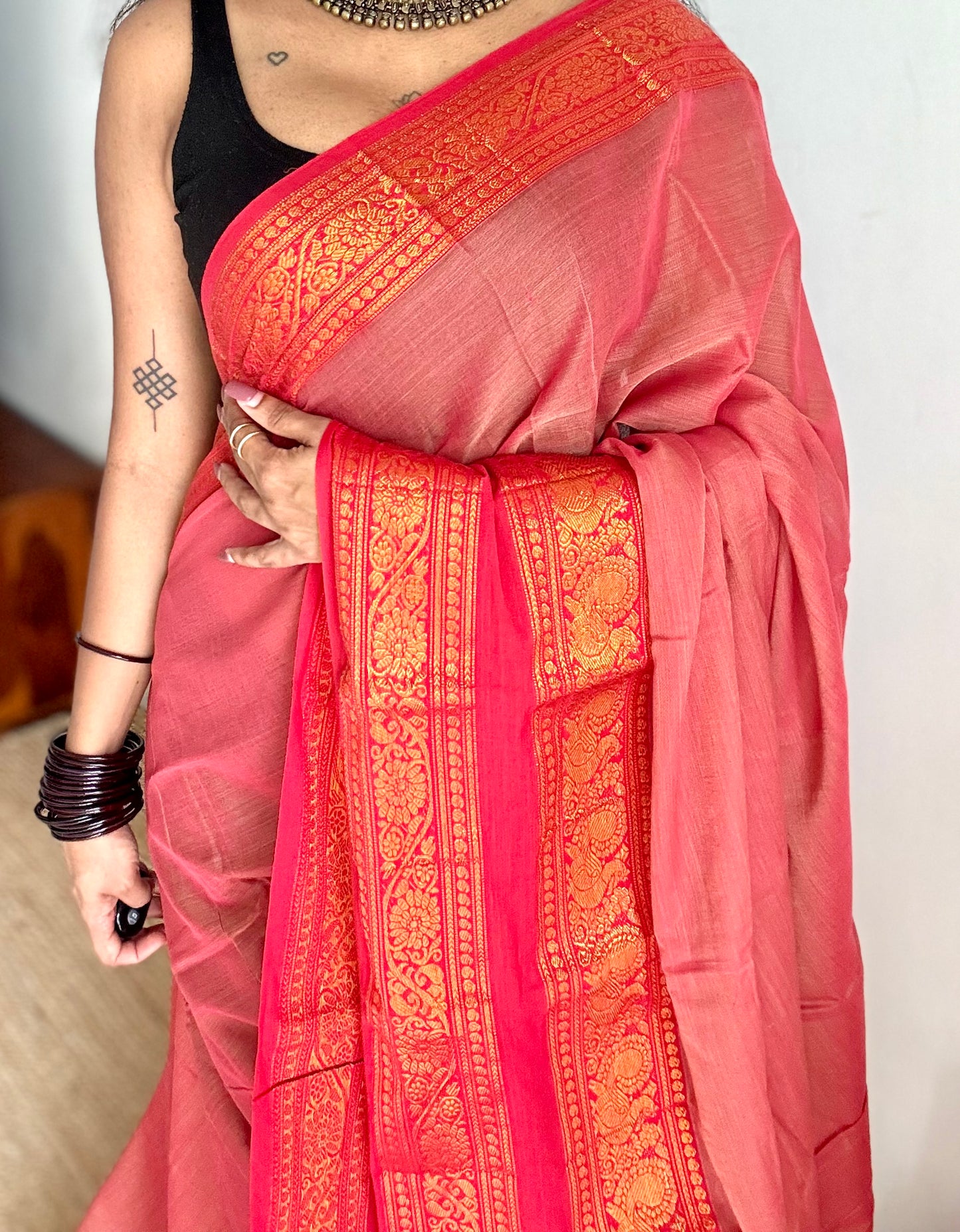 Light red with red wide border, narayanpet soft cotton saree -YCWOTDAUG04