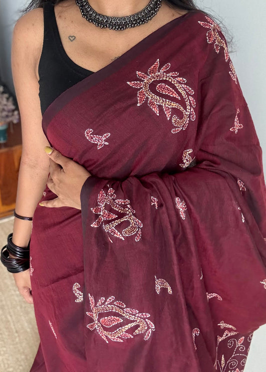Aalta Gatha (আলতা গাথা) - Tale of Aalta, maroon kantha weave in soft khadi cotton - YCBCSEKC02