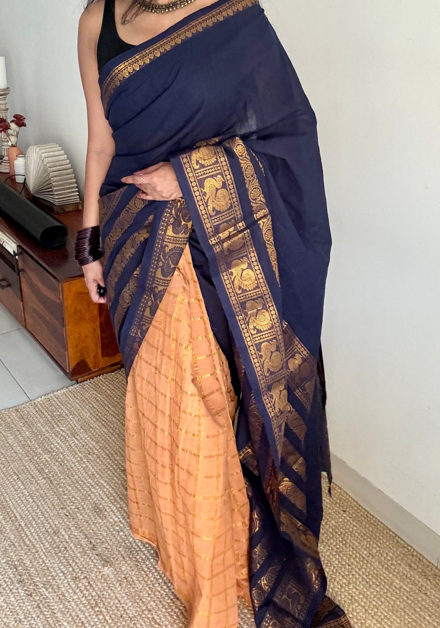 Dark blue with musk, sungudi cotton half-half saree - YCCOTNIDMA318