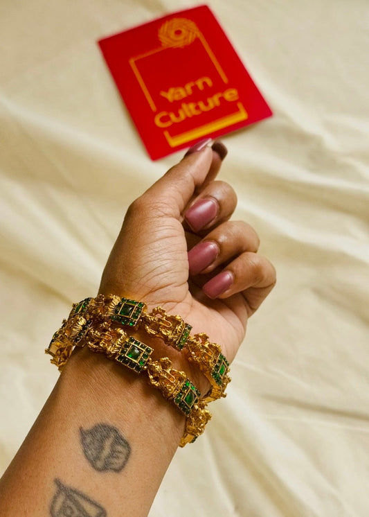 Green stone Lakshmi bangles set of 2, sizes 2.4, 2.6 - YCGPBA820
