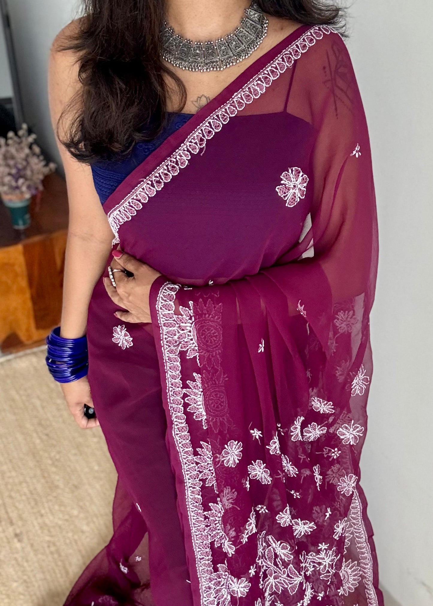 Gehra Gulaab (deep rose) - Deep Wine Chikankari, georgette YCSLCJULCK02