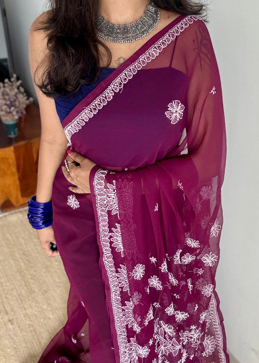 Gehra Gulaab (deep rose) - Deep Wine Chikankari, georgette YCSLCJULCK02