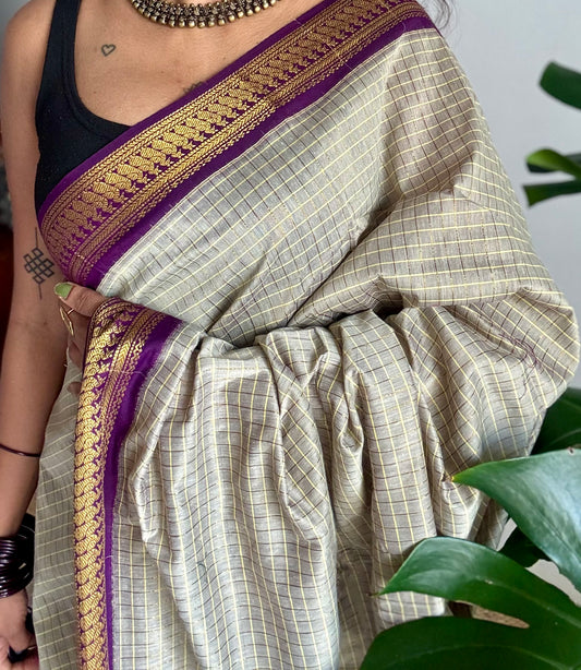 Warm grey with purple, zari checkered saree, cotton silk - YCCOTNKCOC110