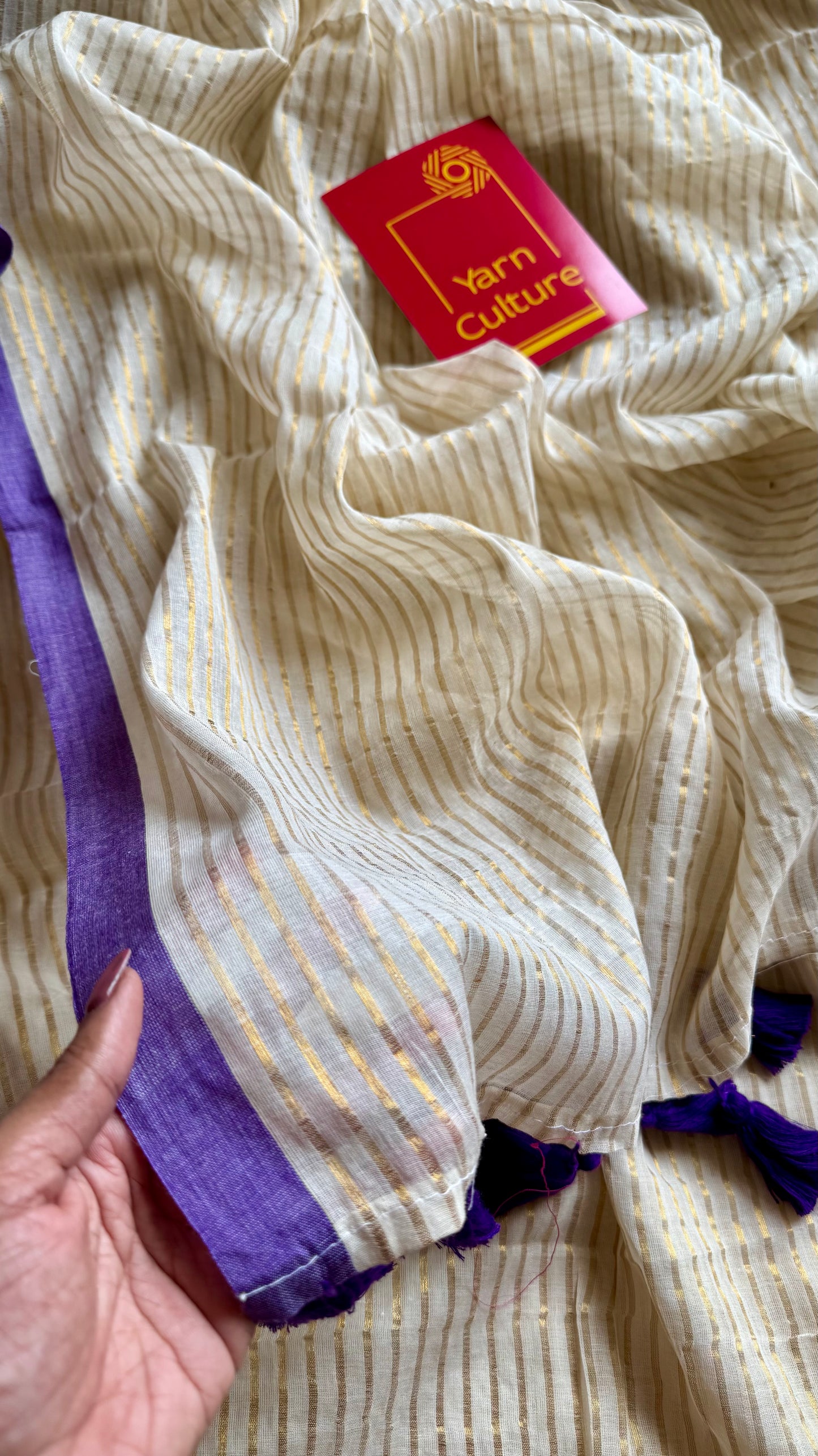 Ivory mul saree, gold stripes, purple border - YCIEON21