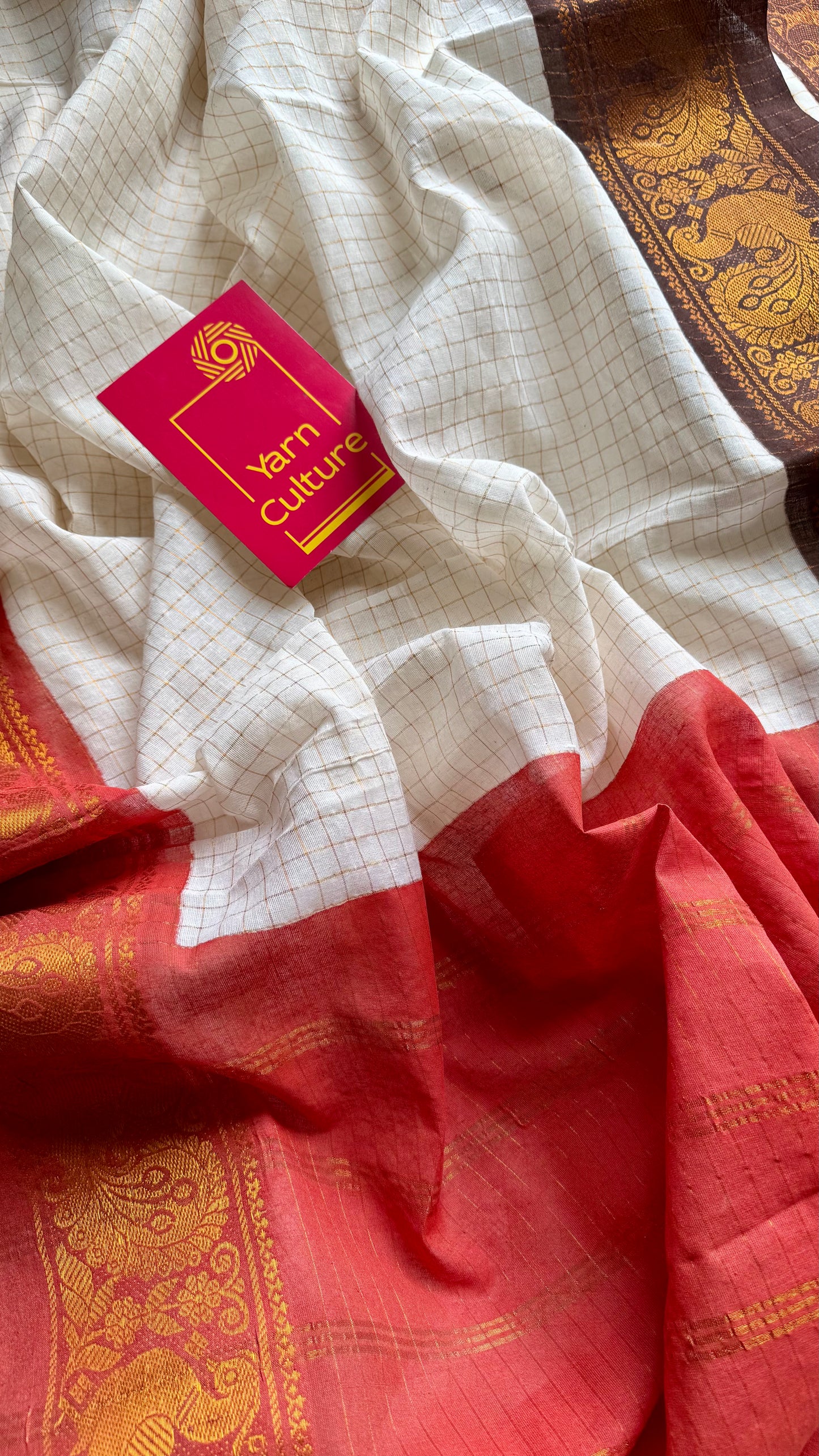 Namita : Kanakambaram - Sungudi checks, ivory gold base, brown and orange dual tone border, soft cotton - YCIEON160