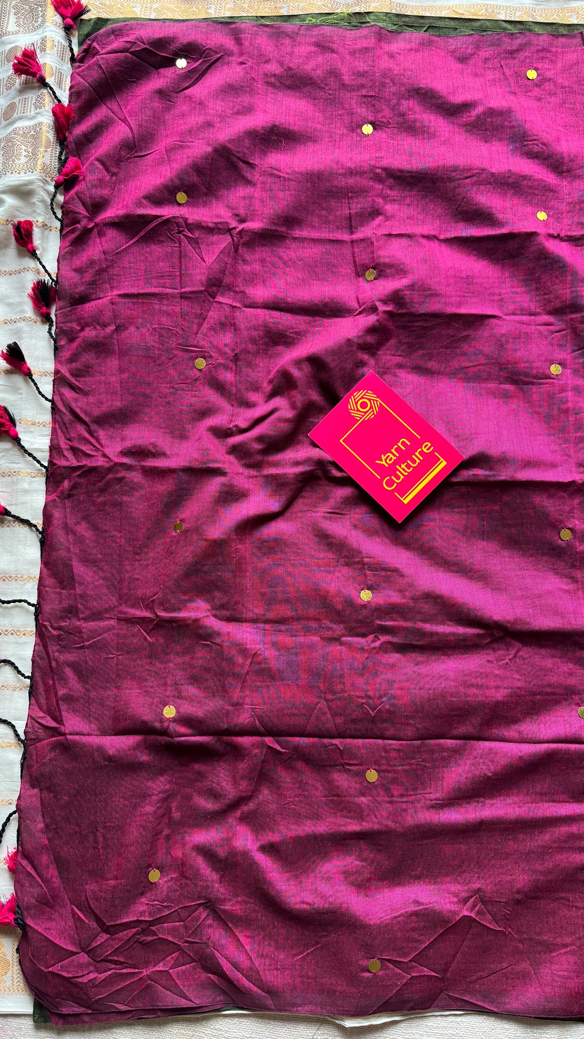Olive green with ruby contrast pallu, gini sequins, soft cotton saree - YCBCSCOC07