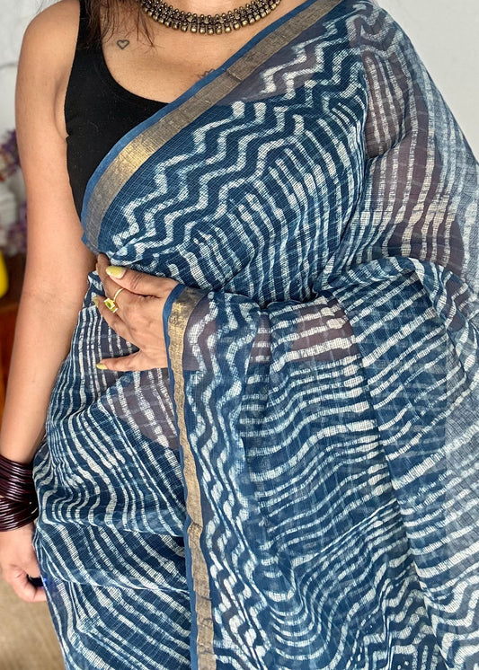 Zig Zag Zindagi - Indigo kota doria saree, with gold zari border - YCTORKDAP05