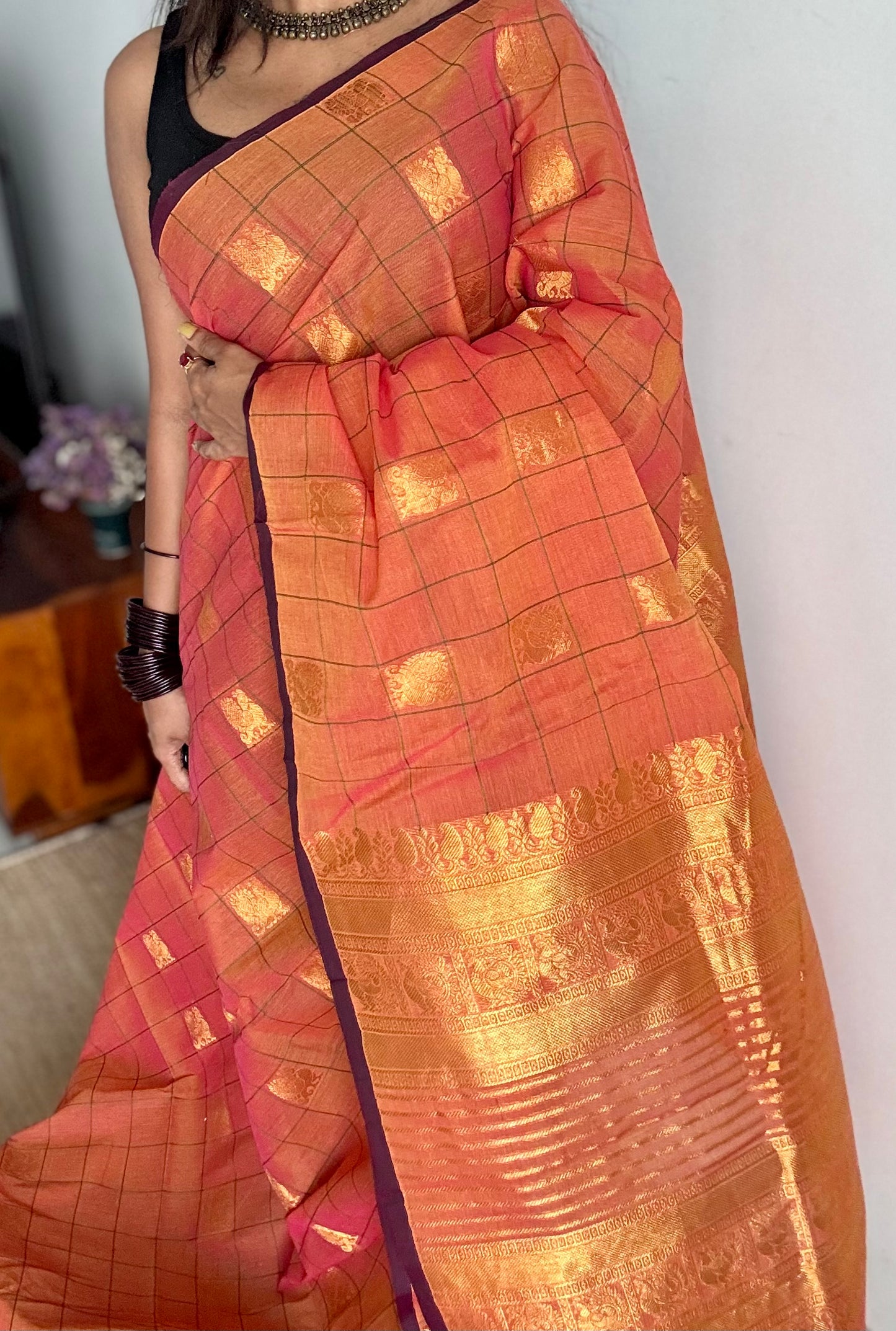Orange dual tone checks with peacock motifs, kanchi cotton saree - YCCOTNKCFE335