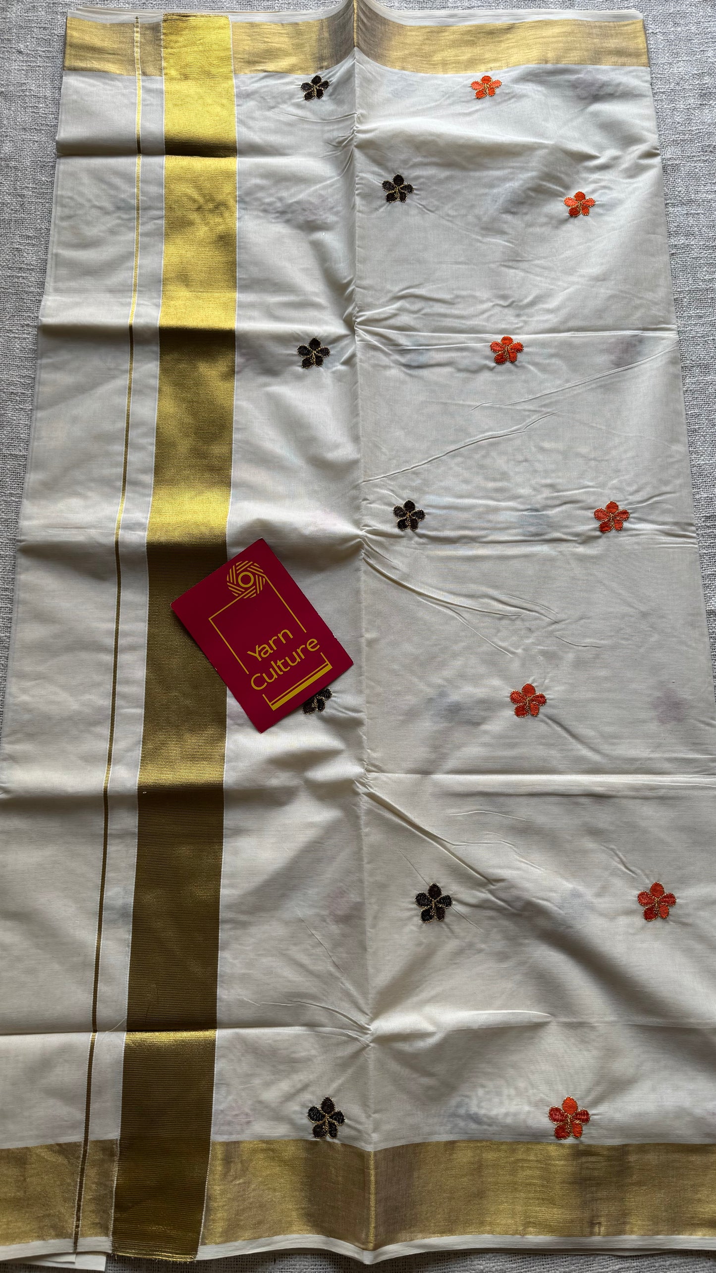 Ivory and gold saree with brown and orange floral embroidery - YCIEKCFE311