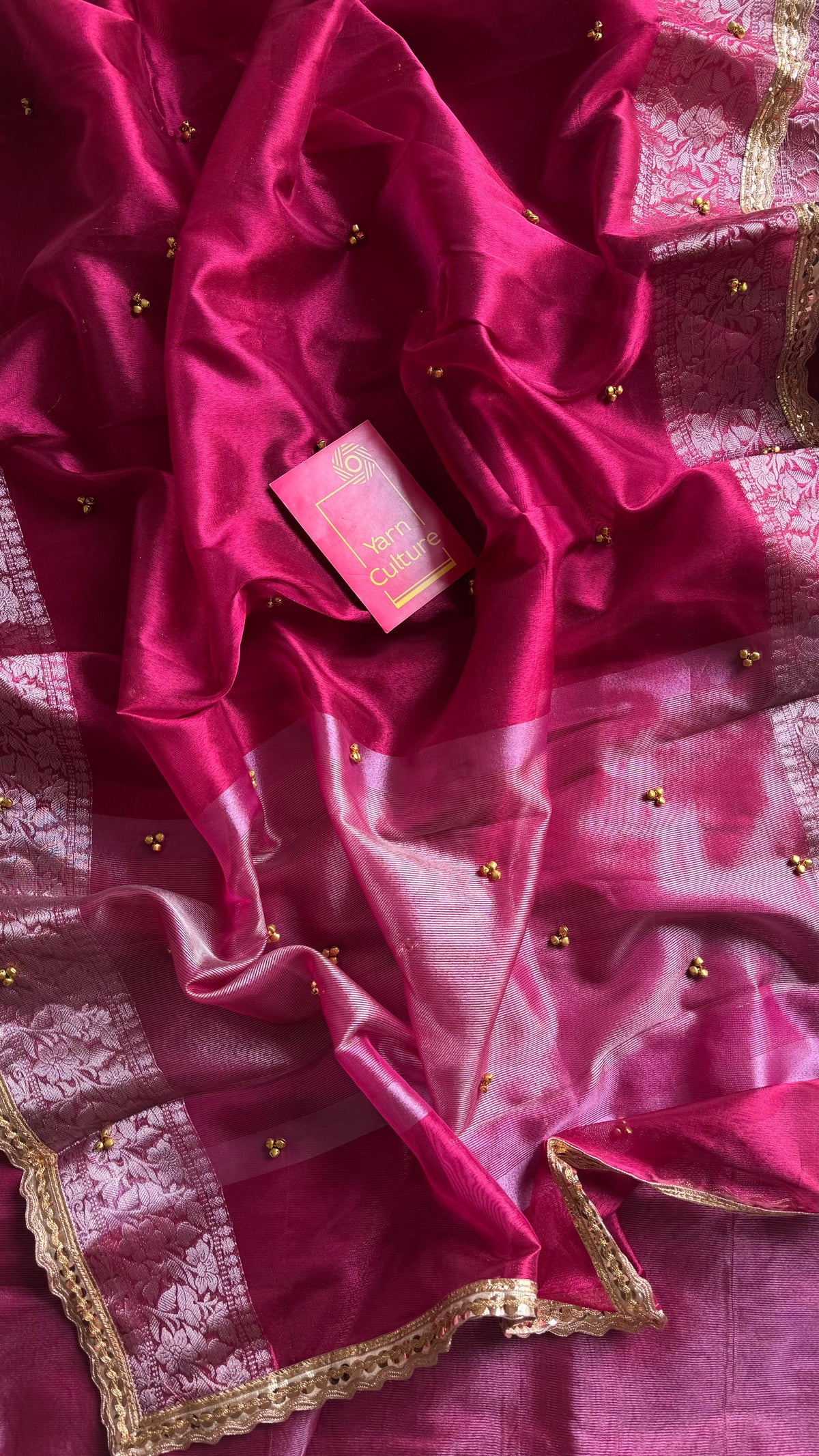Raspberry pink silver tissue Banarasi saree with lace zari border - YCBLTOC68