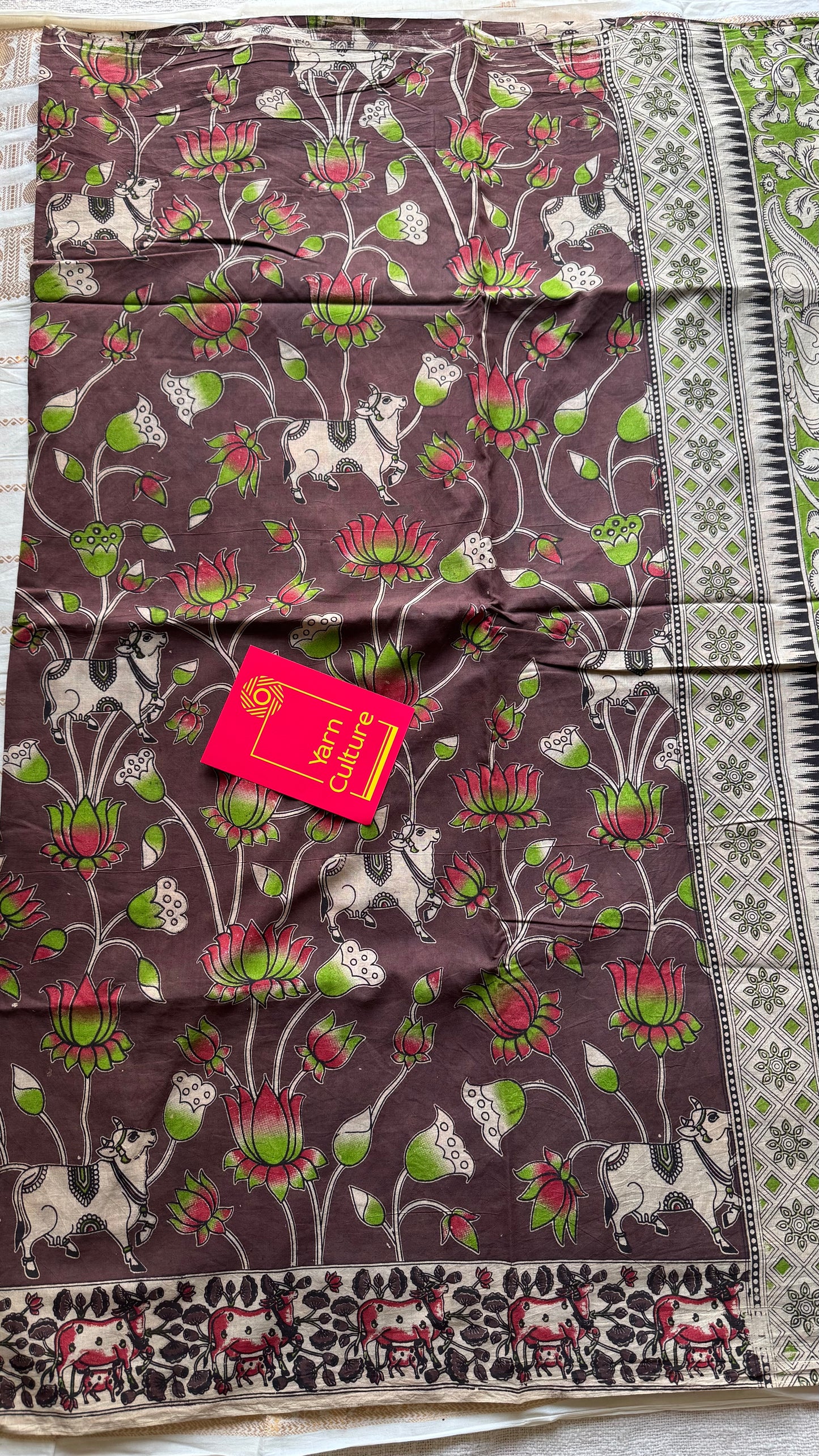 Brown kalamkari saree, multicoloured floral vines, soft cotton - YCWOTDMA344
