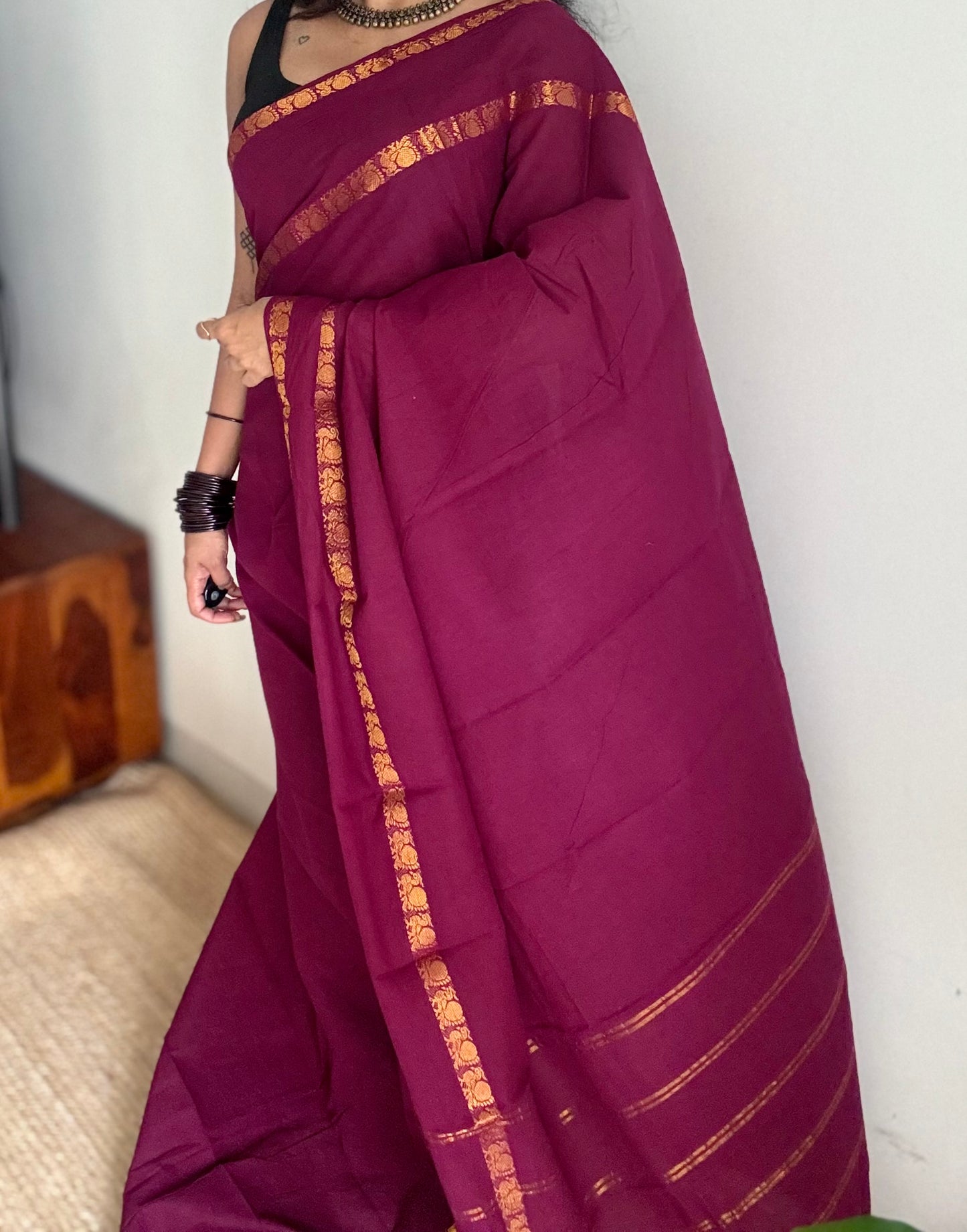 Dark purple pink (vadamalli) rettaipettu peacock double bordered, kattuchayam dyed madurai cotton saree  - YCCOTNMSJUL05