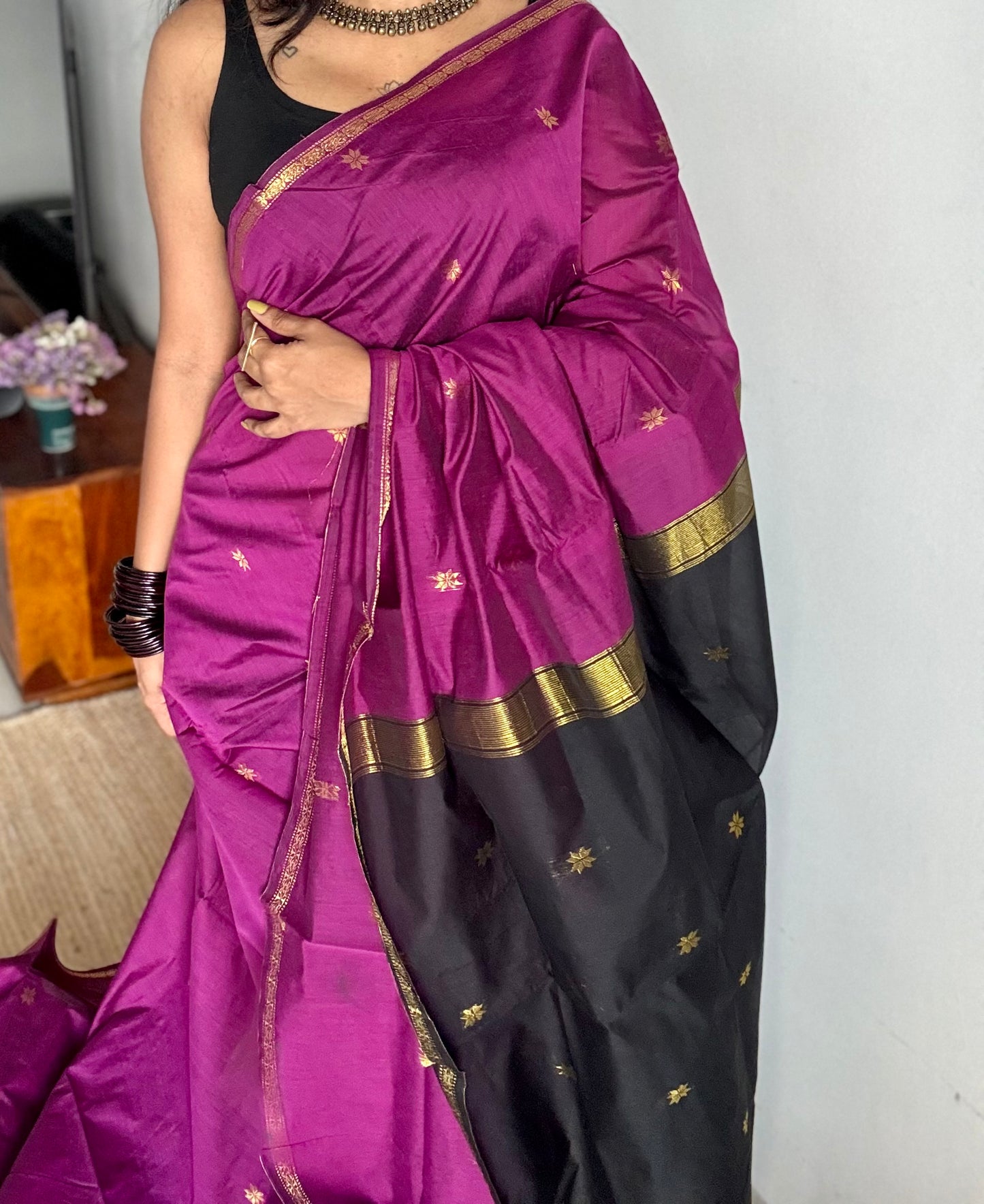 Grape wine with black, gold buttas, semi maheshwari cotton silk - YCCOTNCSDE86