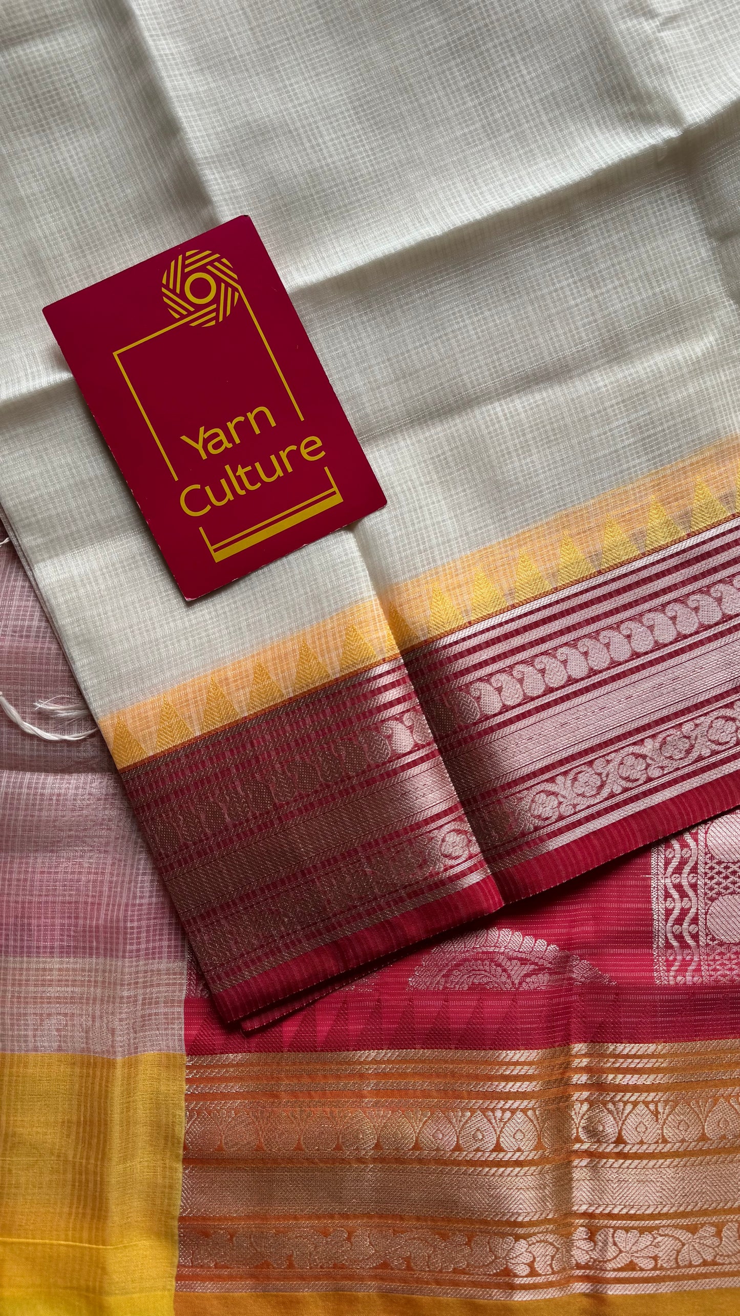 Cream with red and yellow contrast borders, kota doria with zari - YCBCDP14