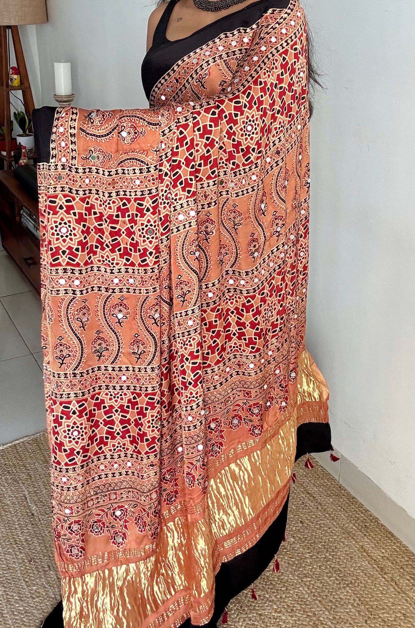 Light clay brown pure modal silk saree with ajrakh handblock print and mirror work, gold zari pallu - YCTOKAJM341