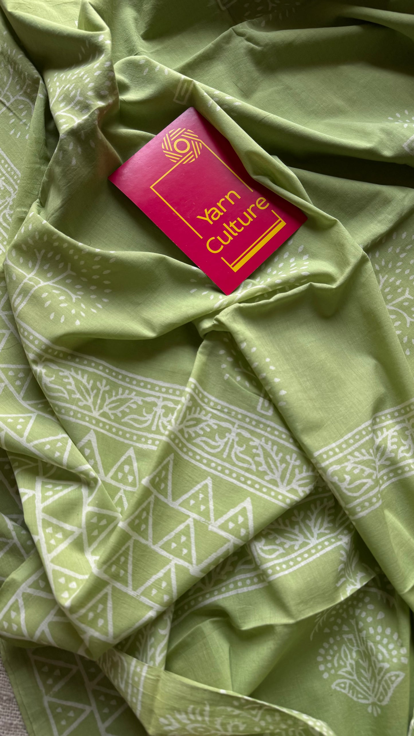 Pista green with off white tree motifs, block printed soft cotton saree - YCTORCMA19