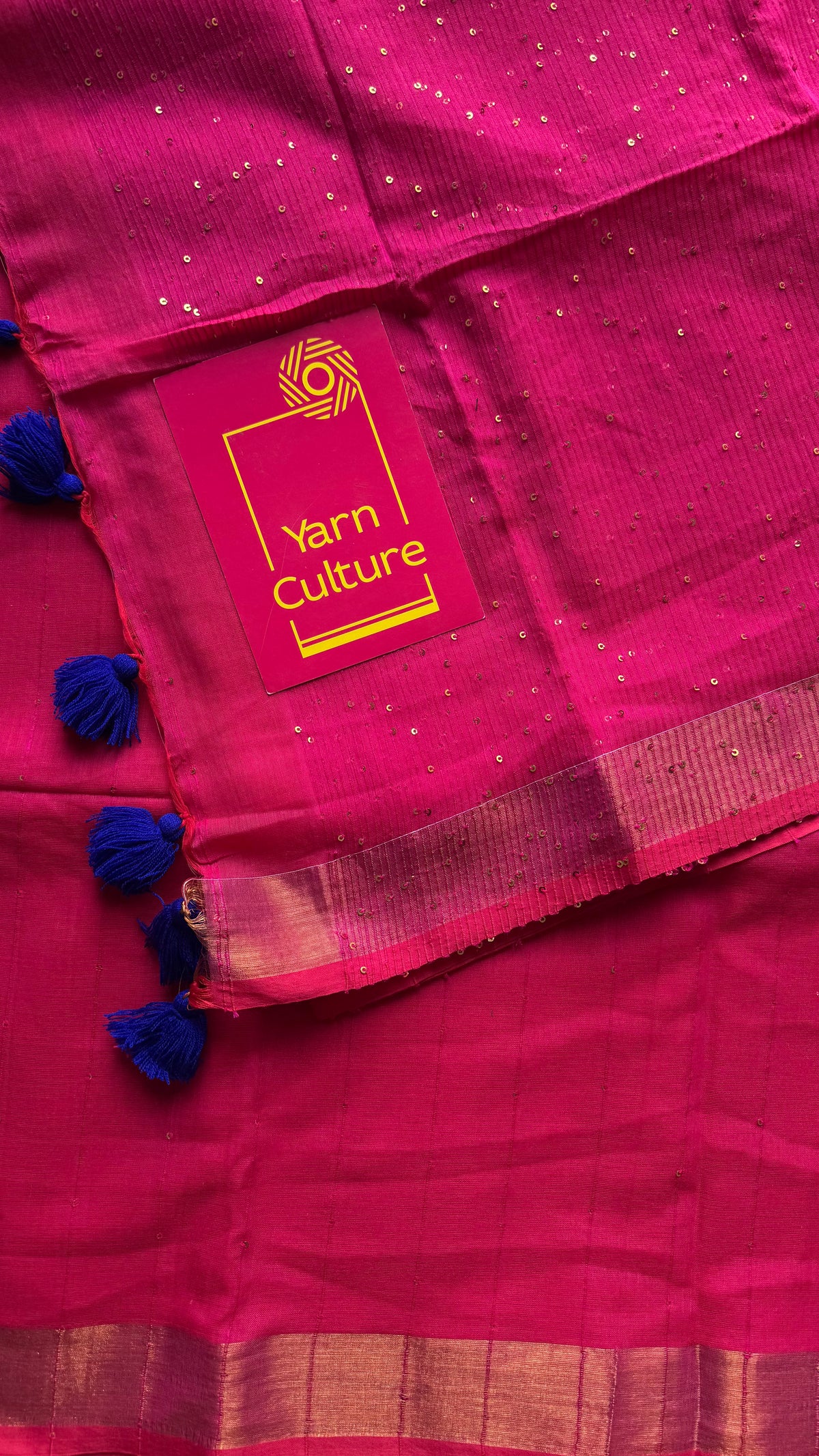 Hot pink mul cotton saree with sequins and zari border - YCBCMCSE34