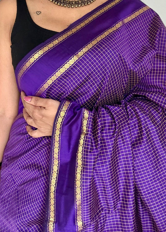 Purple arani checks saree, cotton silk - YCCOTNMA275