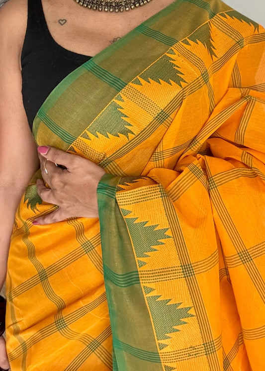 Chettinad cotton saree with mango yellow and green checks, temple motif border - YCCOTNAP68