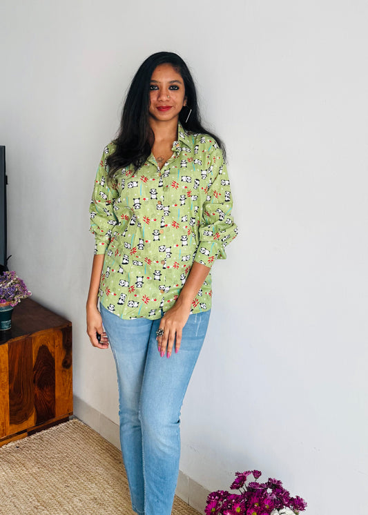 Minty Mischief - blockprinted cotton stitched shirt, collared neck, full sleeves - YCSEBPSJA186