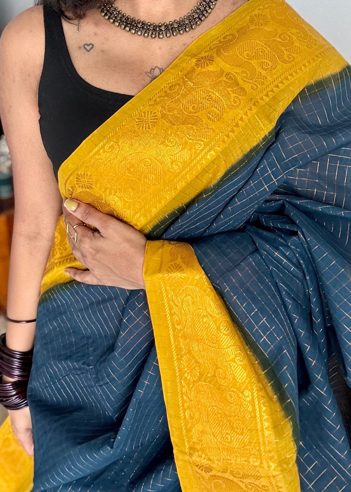 Dark teal with turmeric yellow, checkered with zari border, sungudi cotton - YCCOTNSUDE48