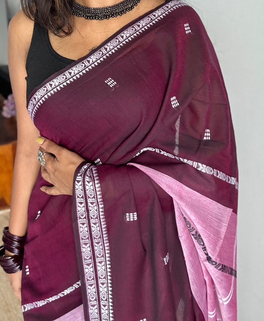 Dhonekhali handloom soft cotton saree, pink with dark maroon and woven buttas - YCBCDFE251