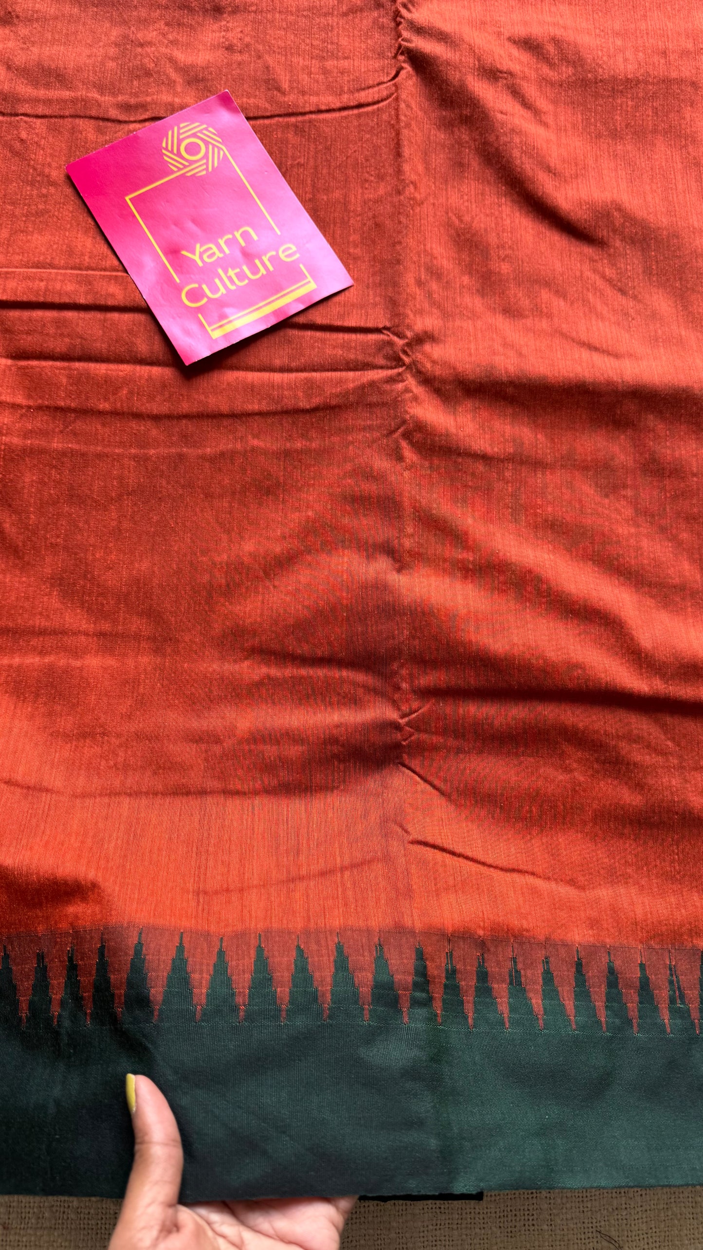 Orange with dark green temple border, cotton silk - YCCOTNCSDE93