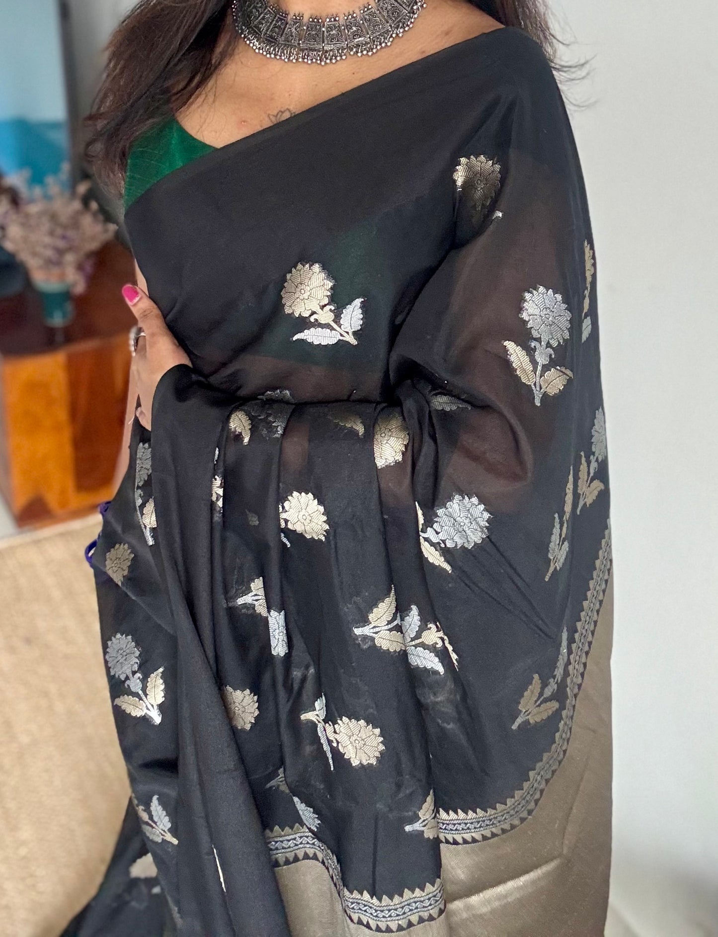 Black with gold and silver floral buttas, Banarasi semi-crepe silk - YCDESE49