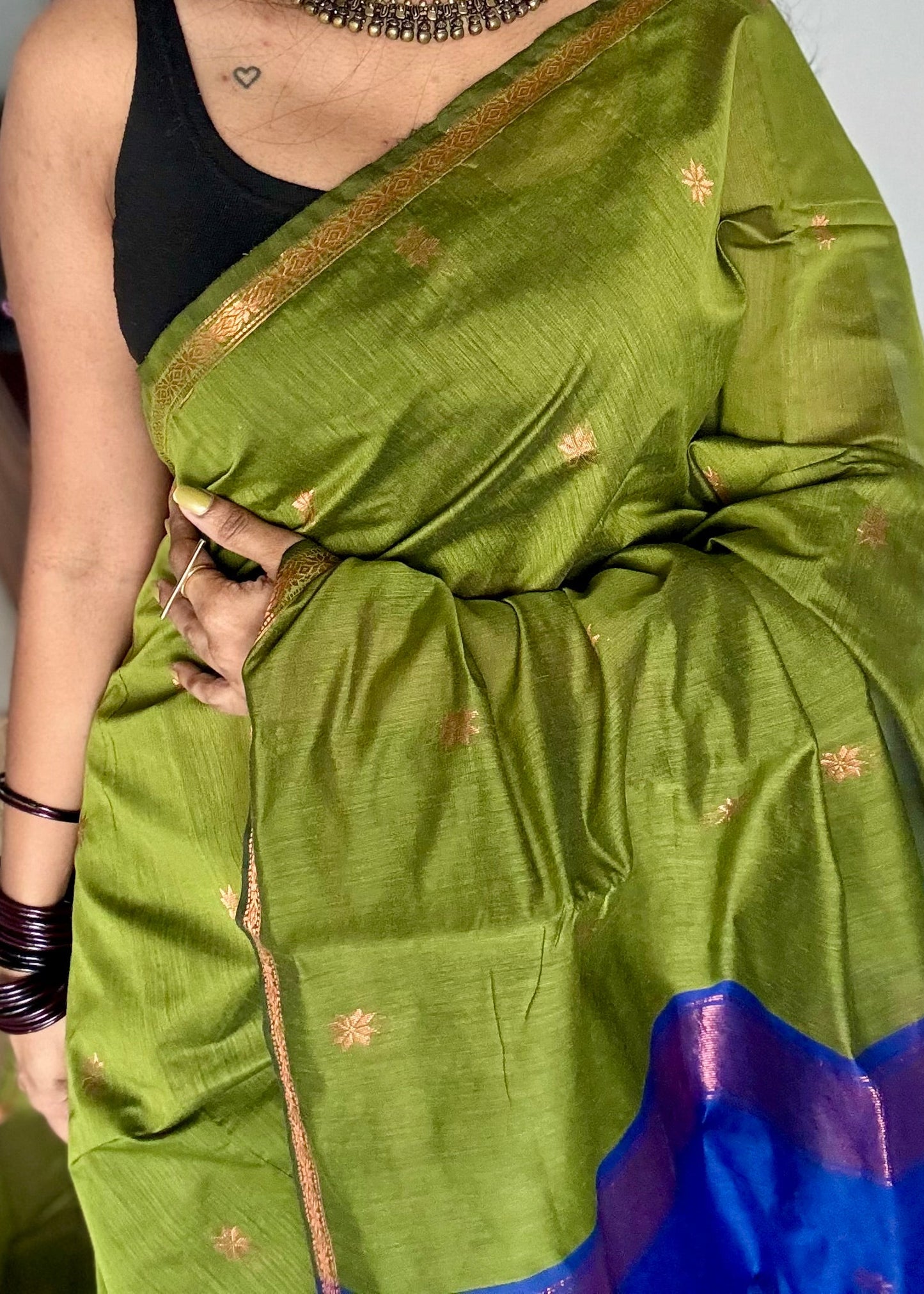 Parrot green with blue, copper zari buttas, semi maheshwari cotton silk - YCCOTNCSDE90